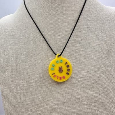 Vintage 90s Be Ur True Self Peace Sign Necklace Yellow Rubber Novelty Jewelry - Thumbnail 2