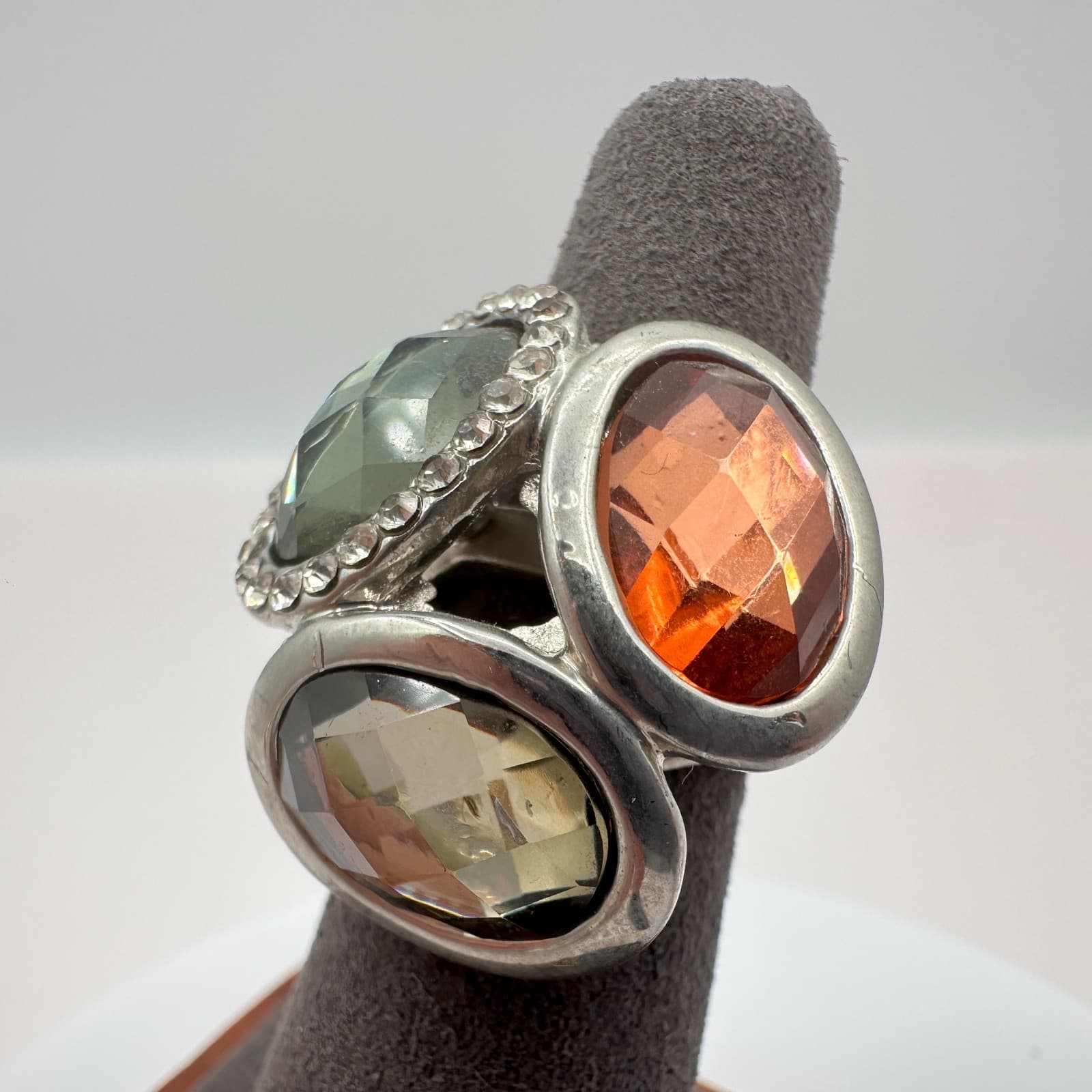 Vintage 90s Rhinestone Silver Tone Statement Ring Boho Women's Classic Jewelry - Thumbnail 5