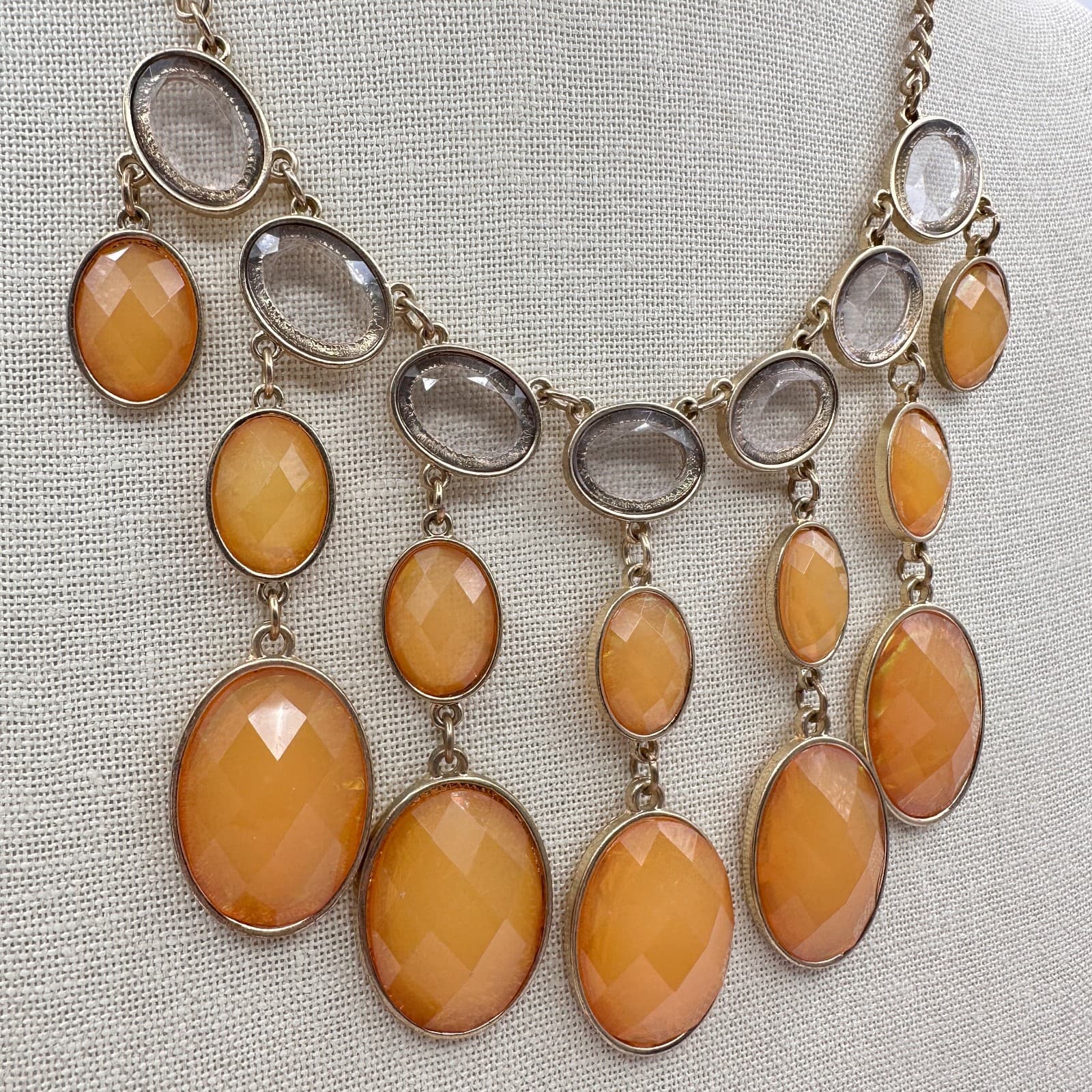 Vintage 90s Gold Tone Orange Clear Glass Bib Statement Necklace Boho Jewelry - Thumbnail 3