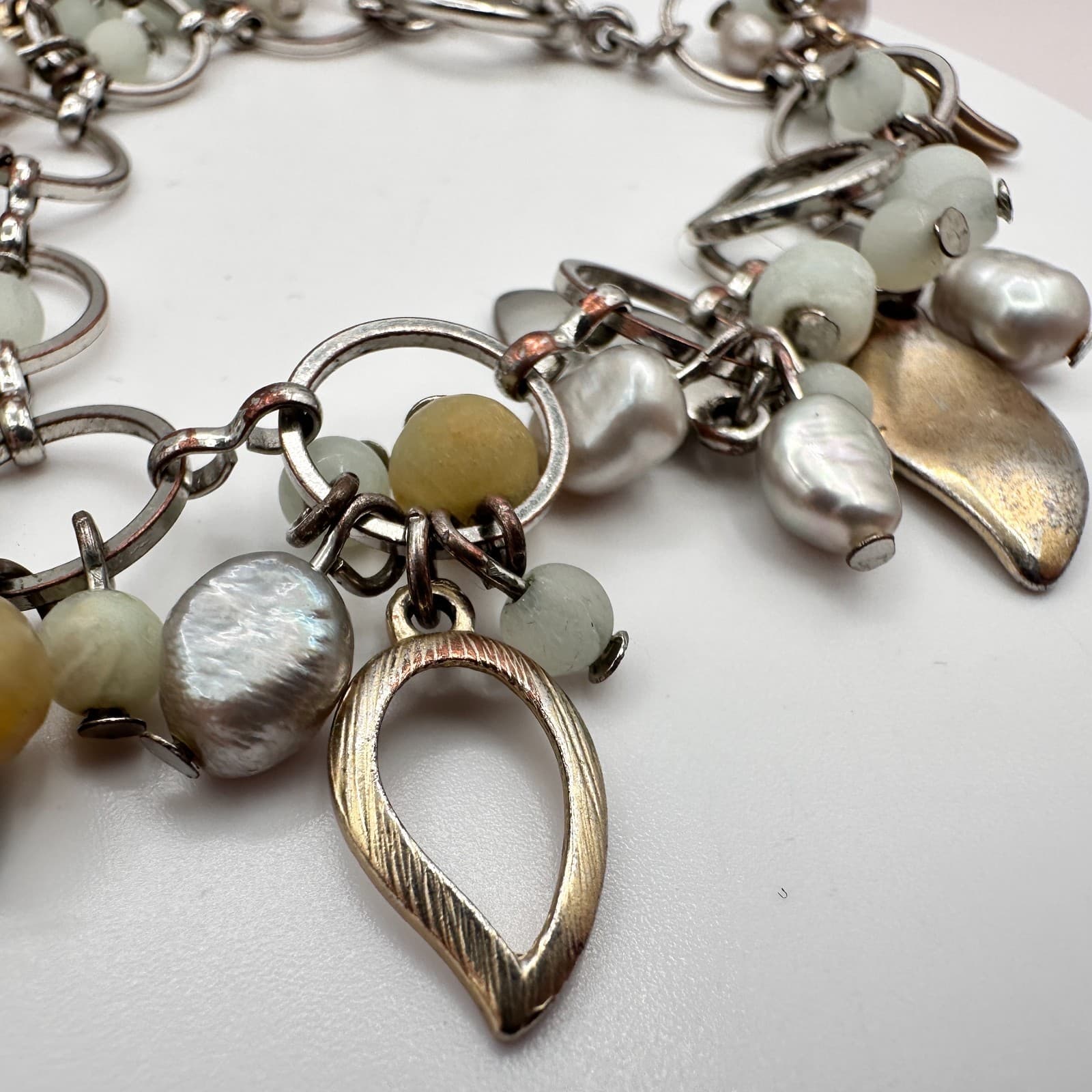 Vintage 90s Silver Tone Pearl Amazonite Charm Bracelet Classic Fashion Jewelry - Thumbnail 4