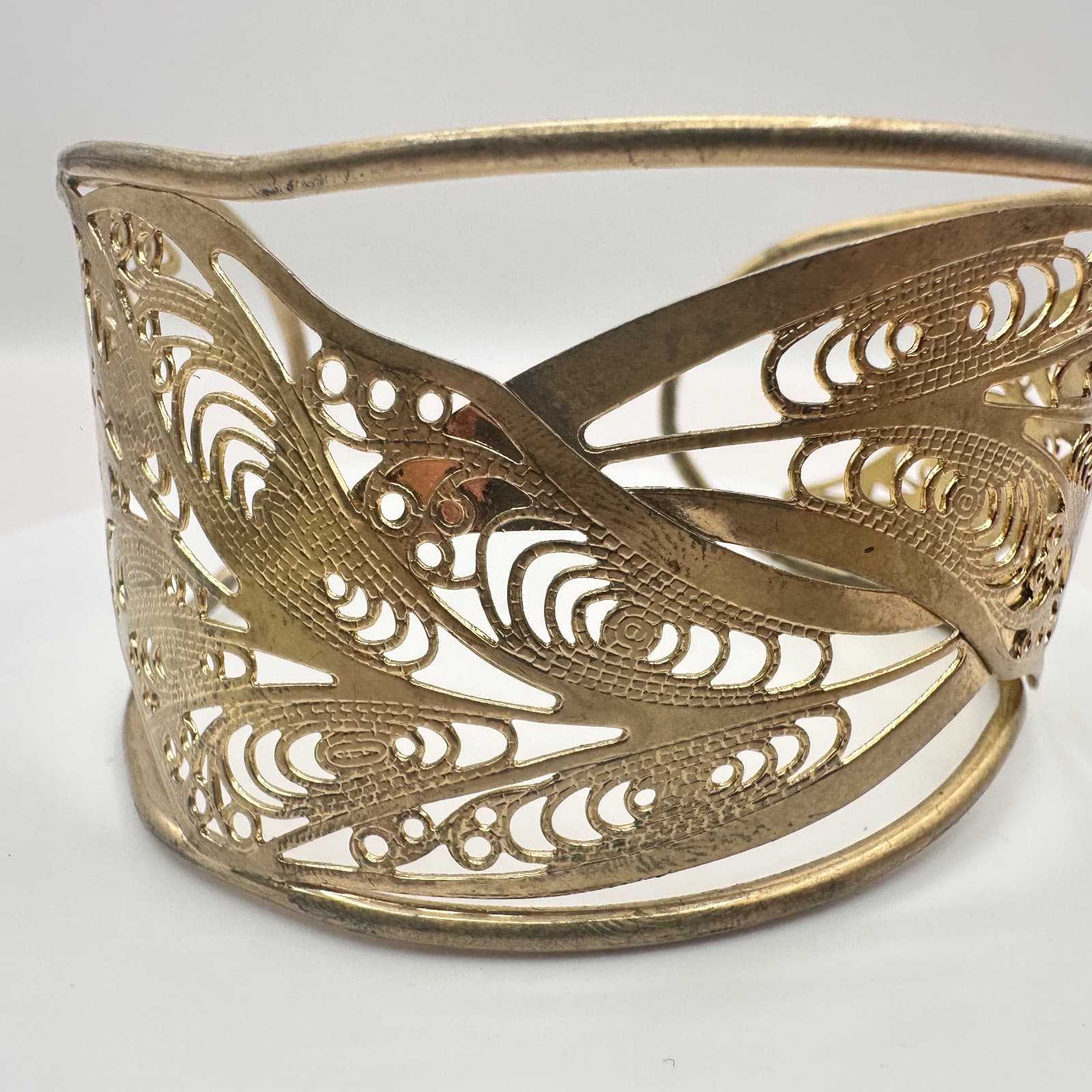 Vintage 80s 90s Gold Tone Filigree Wide Hand Bracelet Statement Boho Jewelry - Thumbnail 4