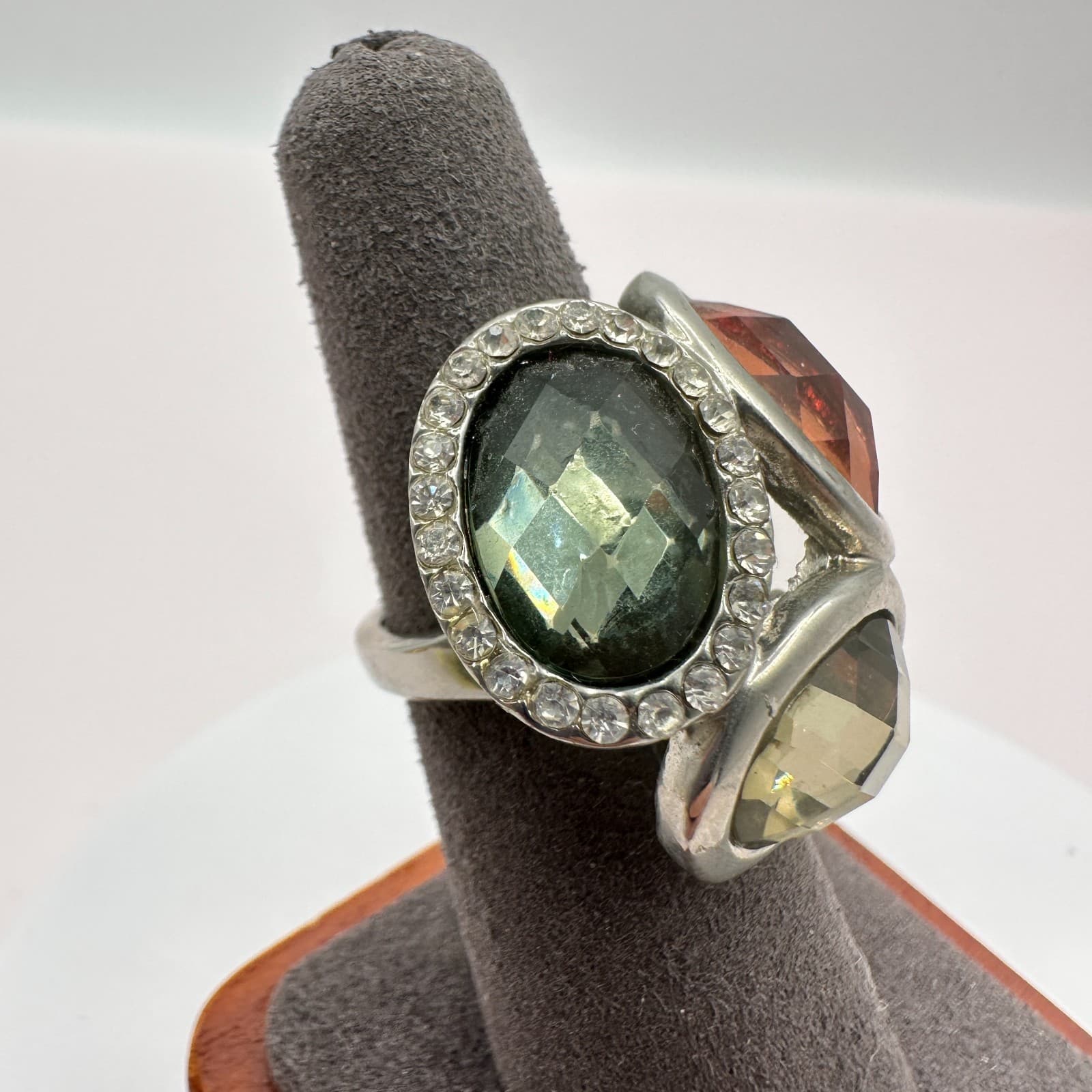 Vintage 90s Rhinestone Silver Tone Statement Ring Boho Women's Classic Jewelry - Thumbnail 2