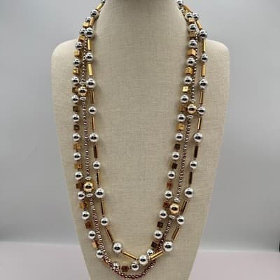 Vintage Y2K Multi-Strand Beaded Gold/Silver Tone Necklace Boho Women's Jewelry - Thumbnail 8