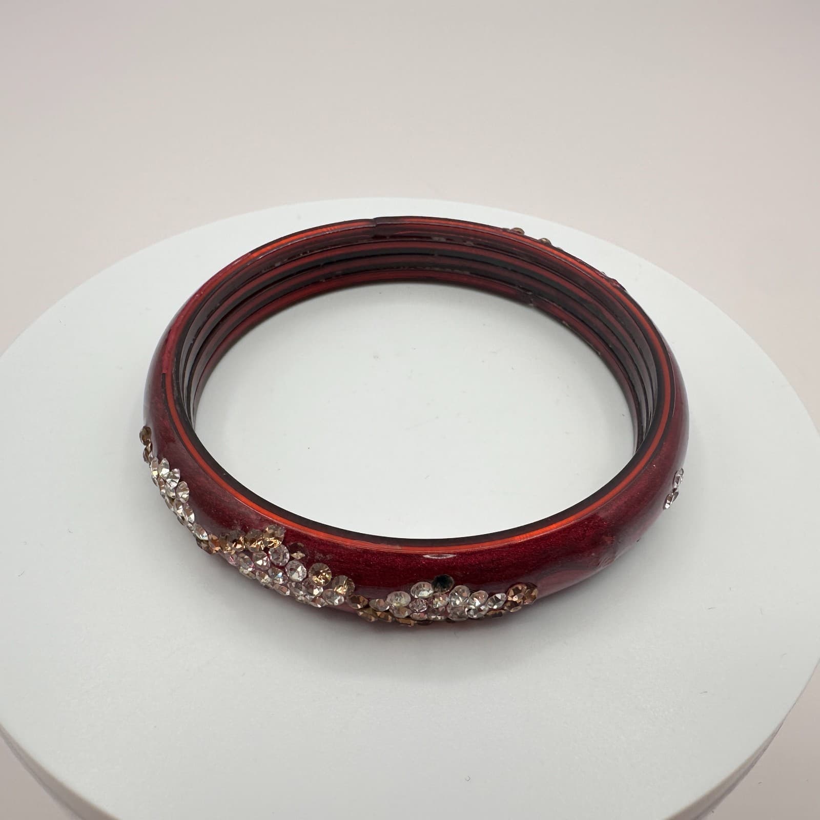 Vintage 80s Wide Maroon Glass Bangle Rhinestone Crystal Flower Cluster Jewelry - Thumbnail 4