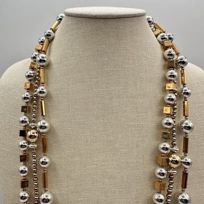 Vintage Y2K Multi-Strand Beaded Gold/Silver Tone Necklace Boho Women's Jewelry - Thumbnail 3