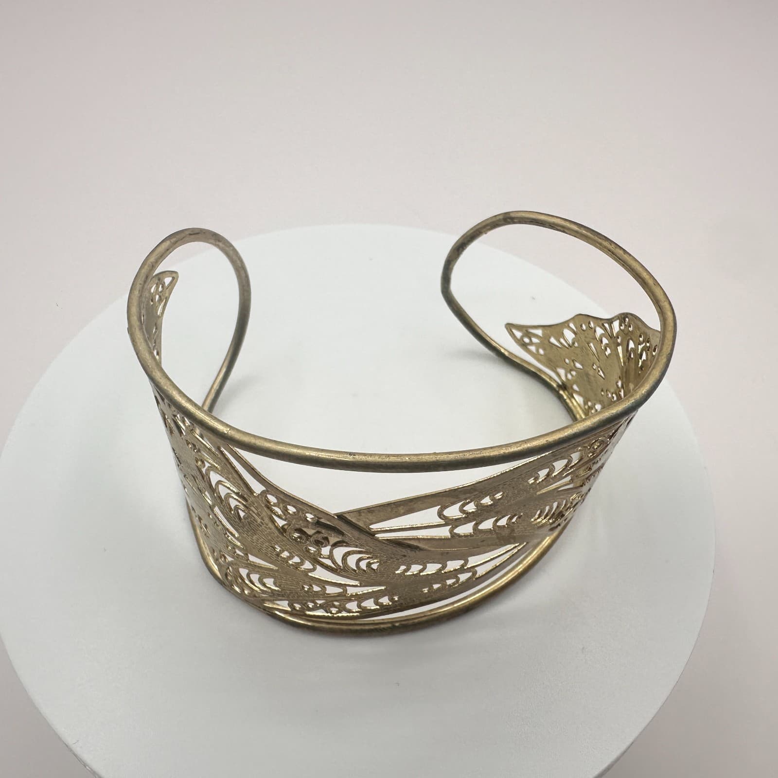 Vintage 80s 90s Gold Tone Filigree Wide Hand Bracelet Statement Boho Jewelry - Thumbnail 2