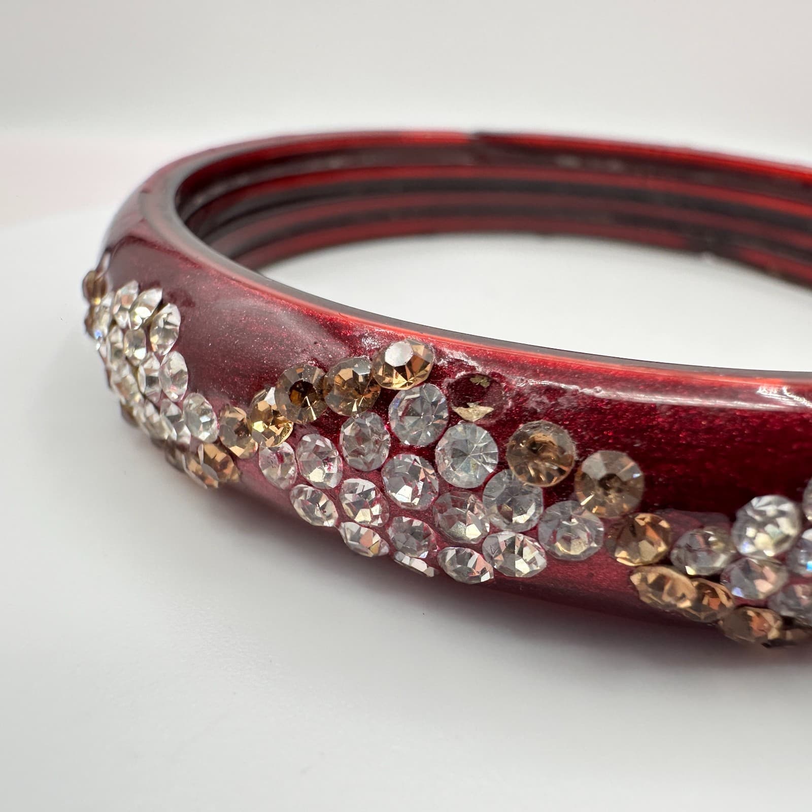 Vintage 80s Wide Maroon Glass Bangle Rhinestone Crystal Flower Cluster Jewelry - Thumbnail 5