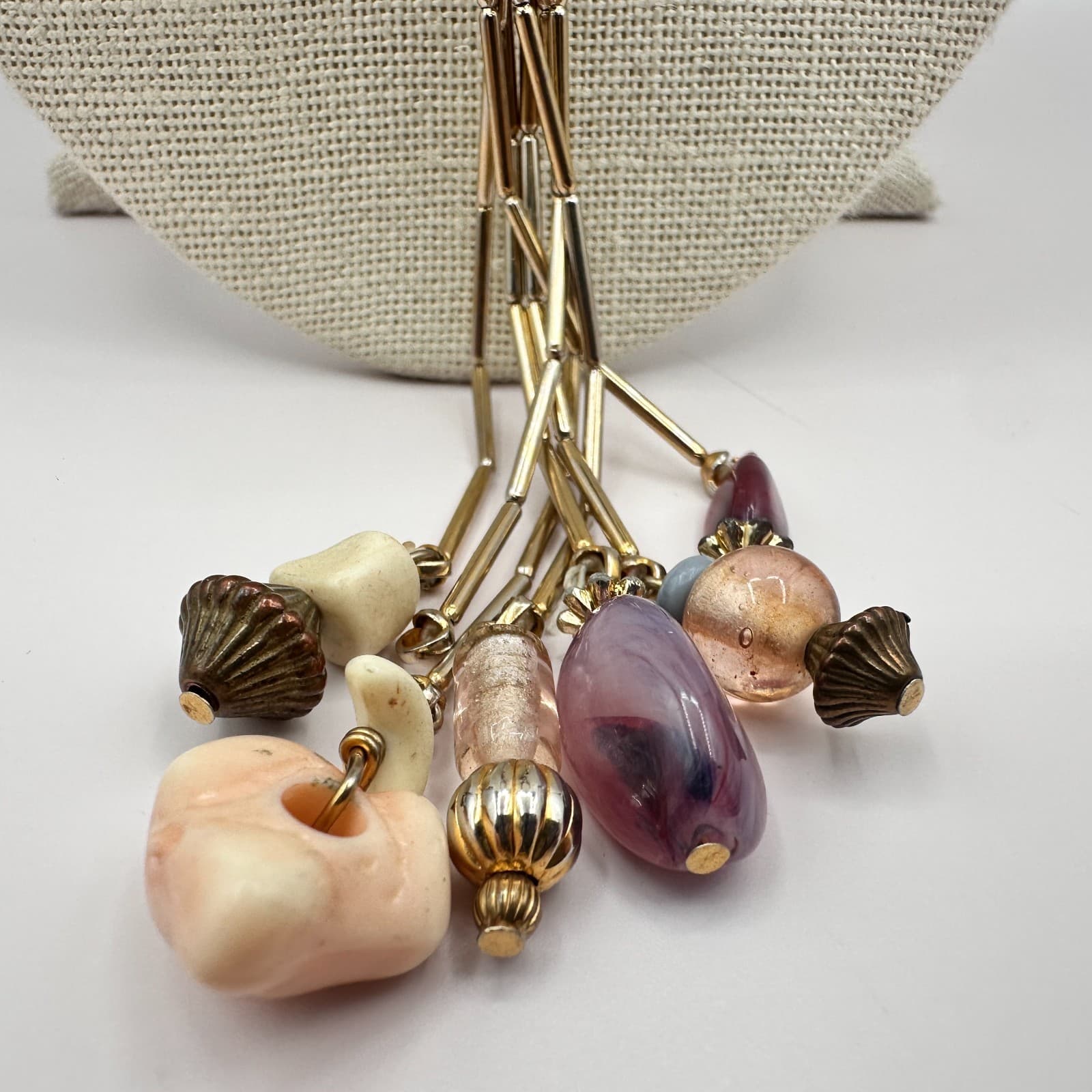 Vintage Y2K Beaded Tassel Pendant Necklace Gold Tone Women's Classic Jewelry - Thumbnail 4