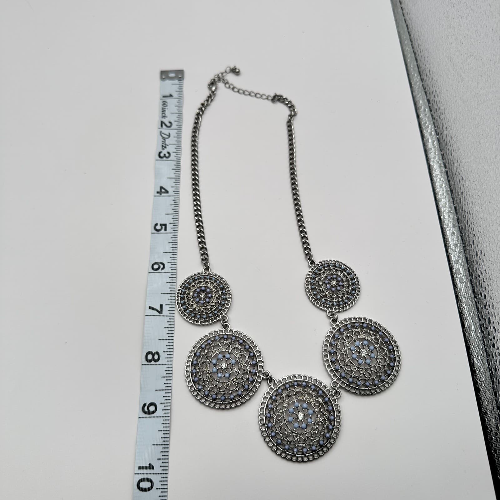 Vintage 90s Blue Beaded Silver Tone Mandala Medallion Necklace Women's Jewelry - Thumbnail 11