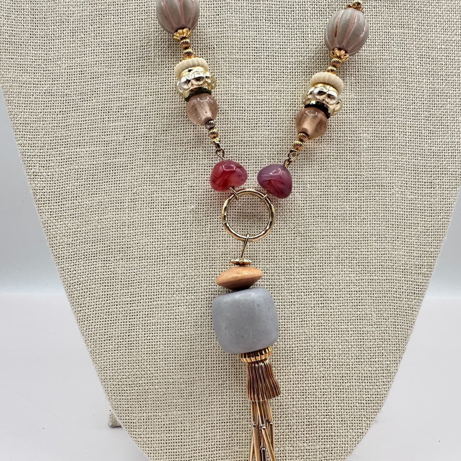 Vintage Y2K Beaded Tassel Pendant Necklace Gold Tone Women's Classic Jewelry - Thumbnail 6