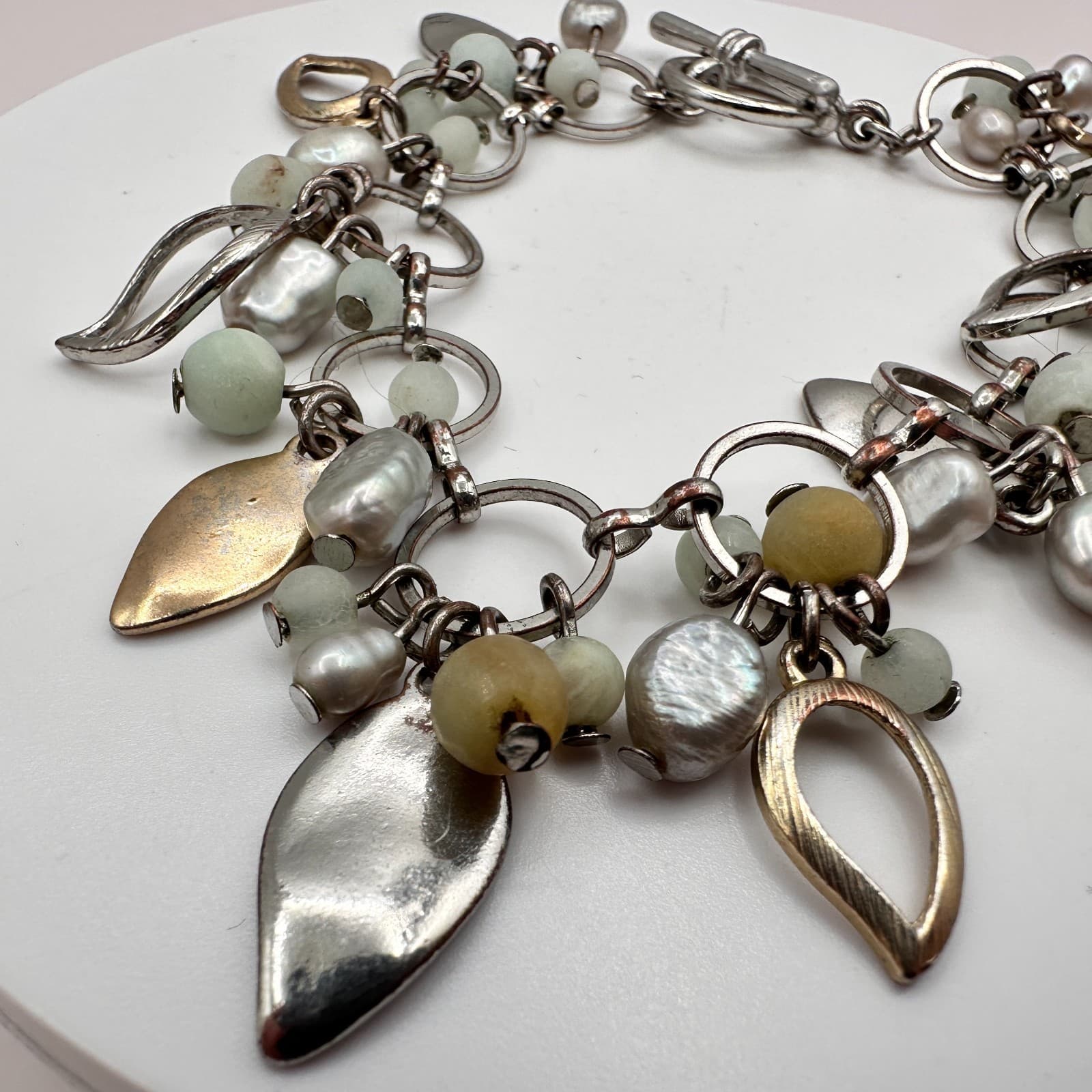 Vintage 90s Silver Tone Pearl Amazonite Charm Bracelet Classic Fashion Jewelry - Thumbnail 3