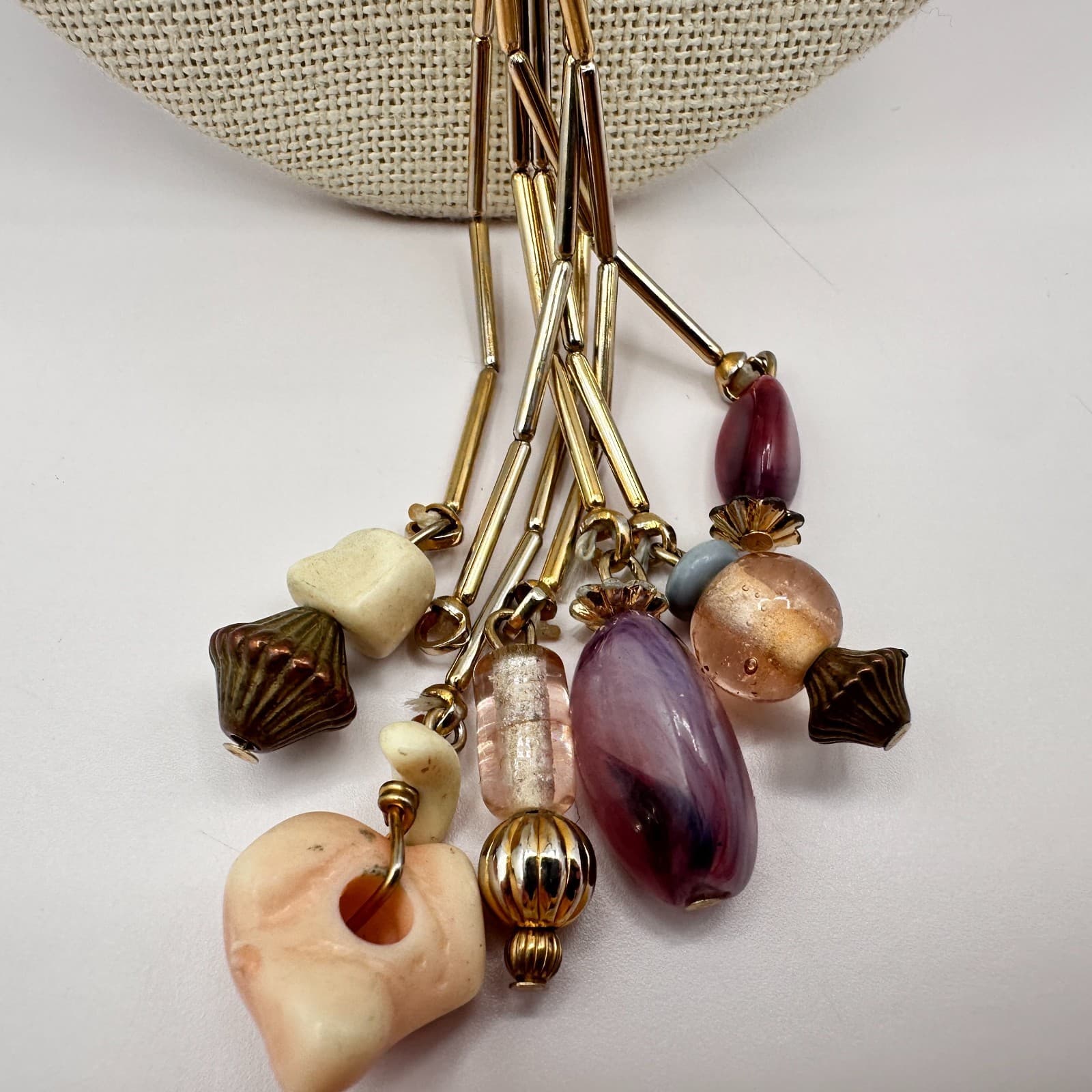 Vintage Y2K Beaded Tassel Pendant Necklace Gold Tone Women's Classic Jewelry - Thumbnail 5