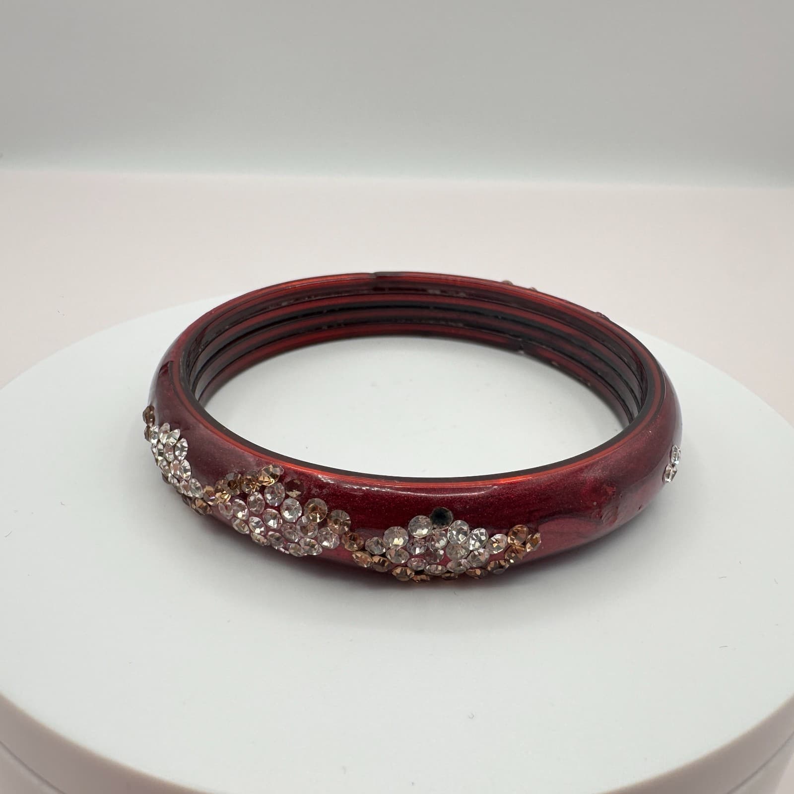 Vintage 80s Wide Maroon Glass Bangle Rhinestone Crystal Flower Cluster Jewelry - Thumbnail 3