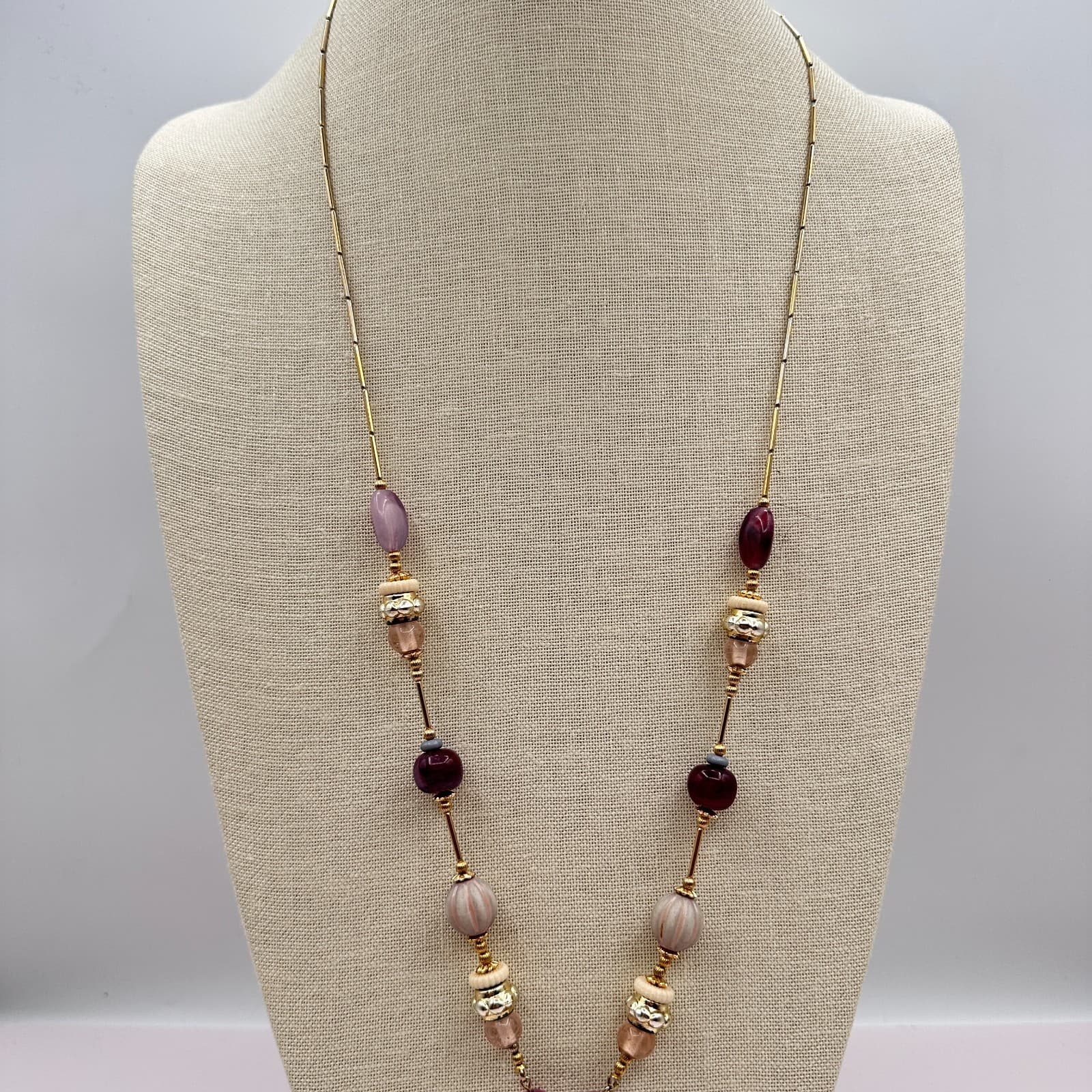 Vintage Y2K Beaded Tassel Pendant Necklace Gold Tone Women's Classic Jewelry - Thumbnail 3