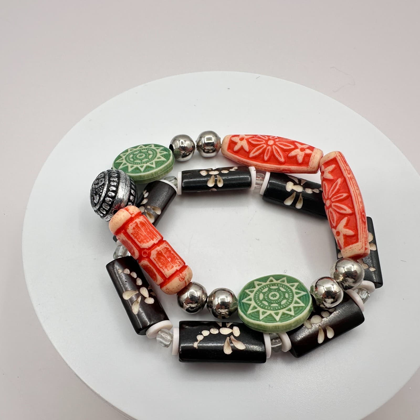 Vintage 90s Beaded Stackable Bracelets Set Boho Tribal Fashion Women's Jewelry - Thumbnail 3