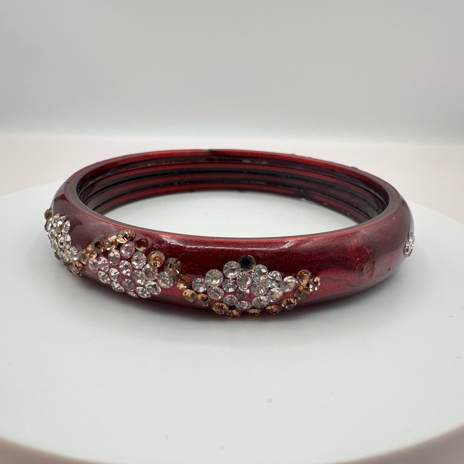 Vintage 80s Wide Maroon Glass Bangle Rhinestone Crystal Flower Cluster Jewelry - Thumbnail 2