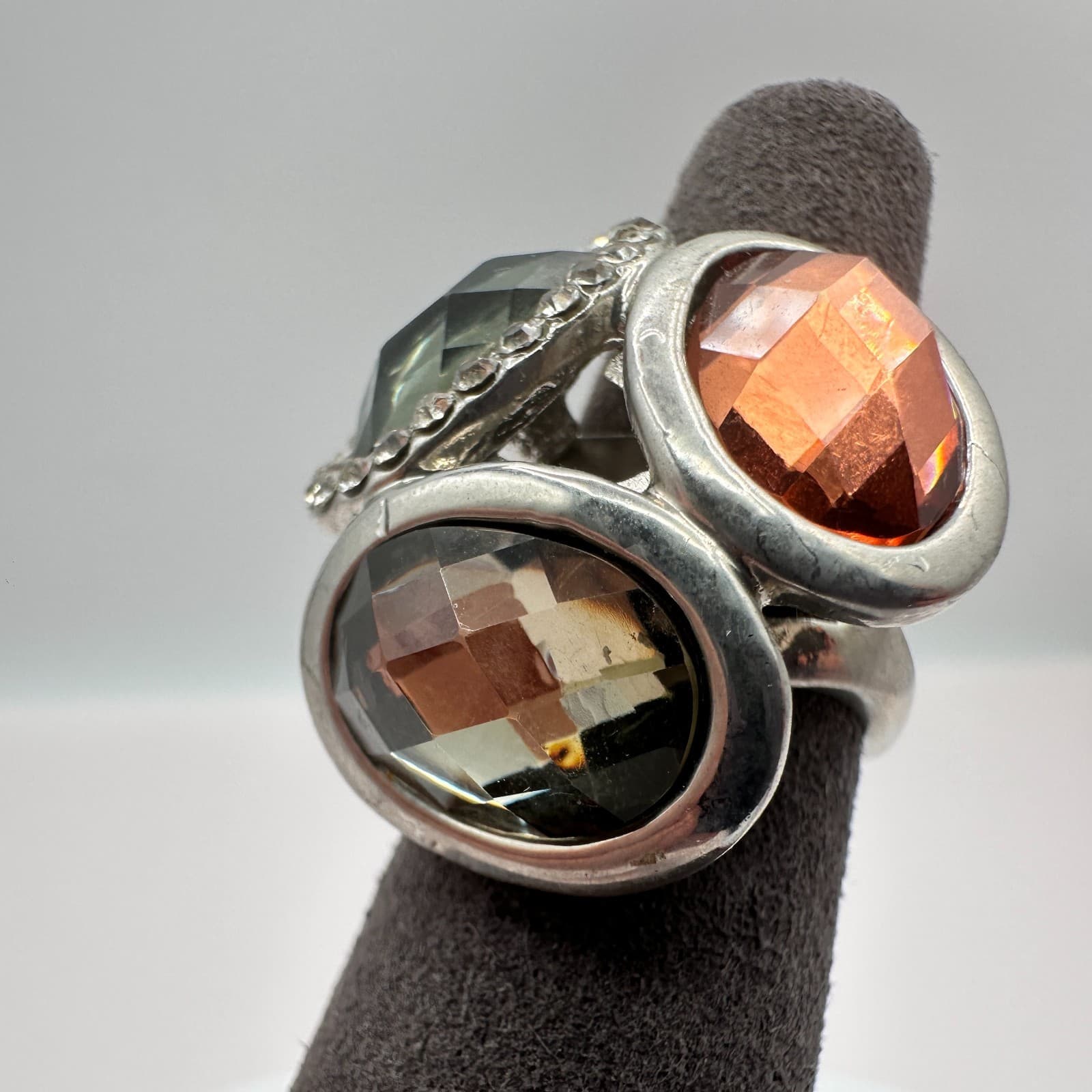Vintage 90s Rhinestone Silver Tone Statement Ring Boho Women's Classic Jewelry - Thumbnail 4