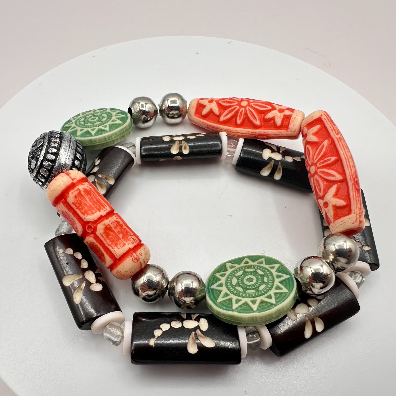 Vintage 90s Beaded Stackable Bracelets Set Boho Tribal Fashion Women's Jewelry - Thumbnail 4