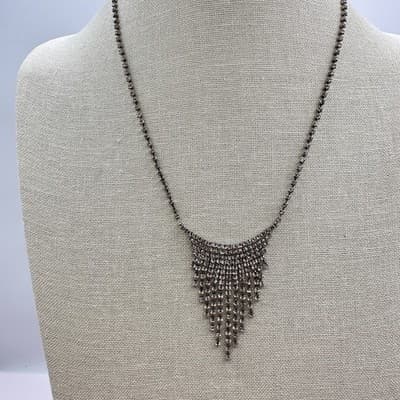 Vintage 90s Silver Tone Clear Glass Rhinestone Fringe Bib Statement Necklace - Thumbnail 2