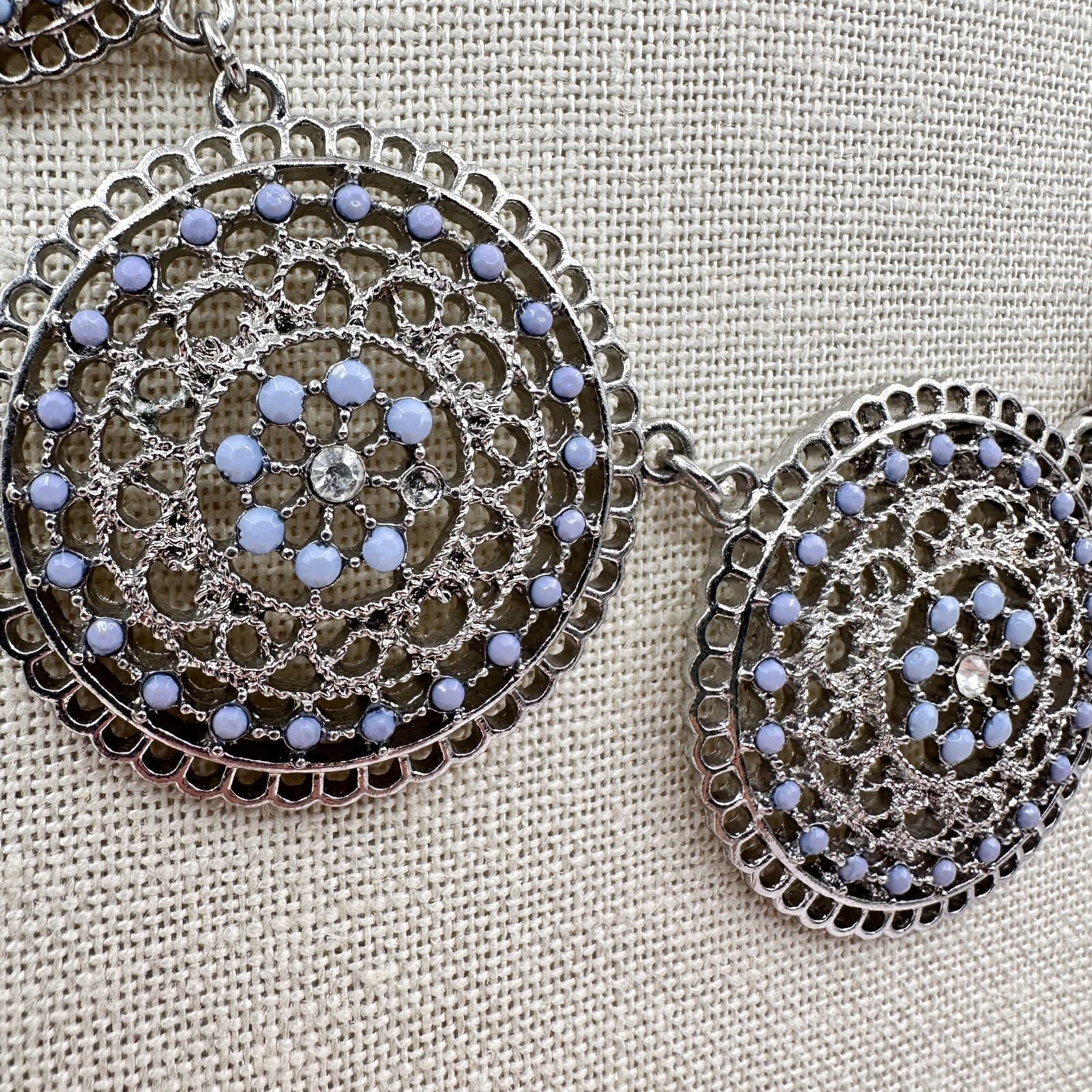 Vintage 90s Blue Beaded Silver Tone Mandala Medallion Necklace Women's Jewelry - Thumbnail 6