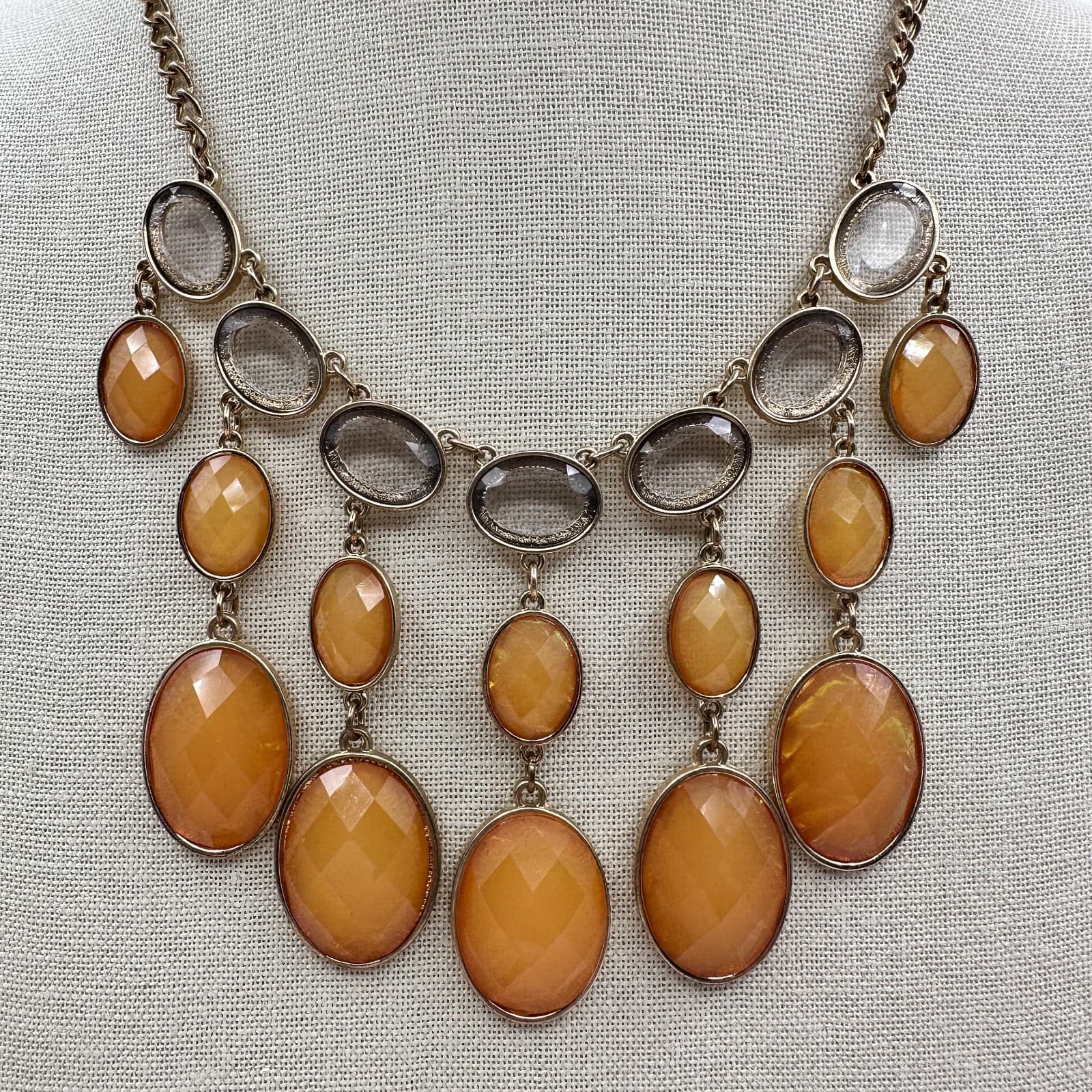 Vintage 90s Gold Tone Orange Clear Glass Bib Statement Necklace Boho Jewelry - Thumbnail 2