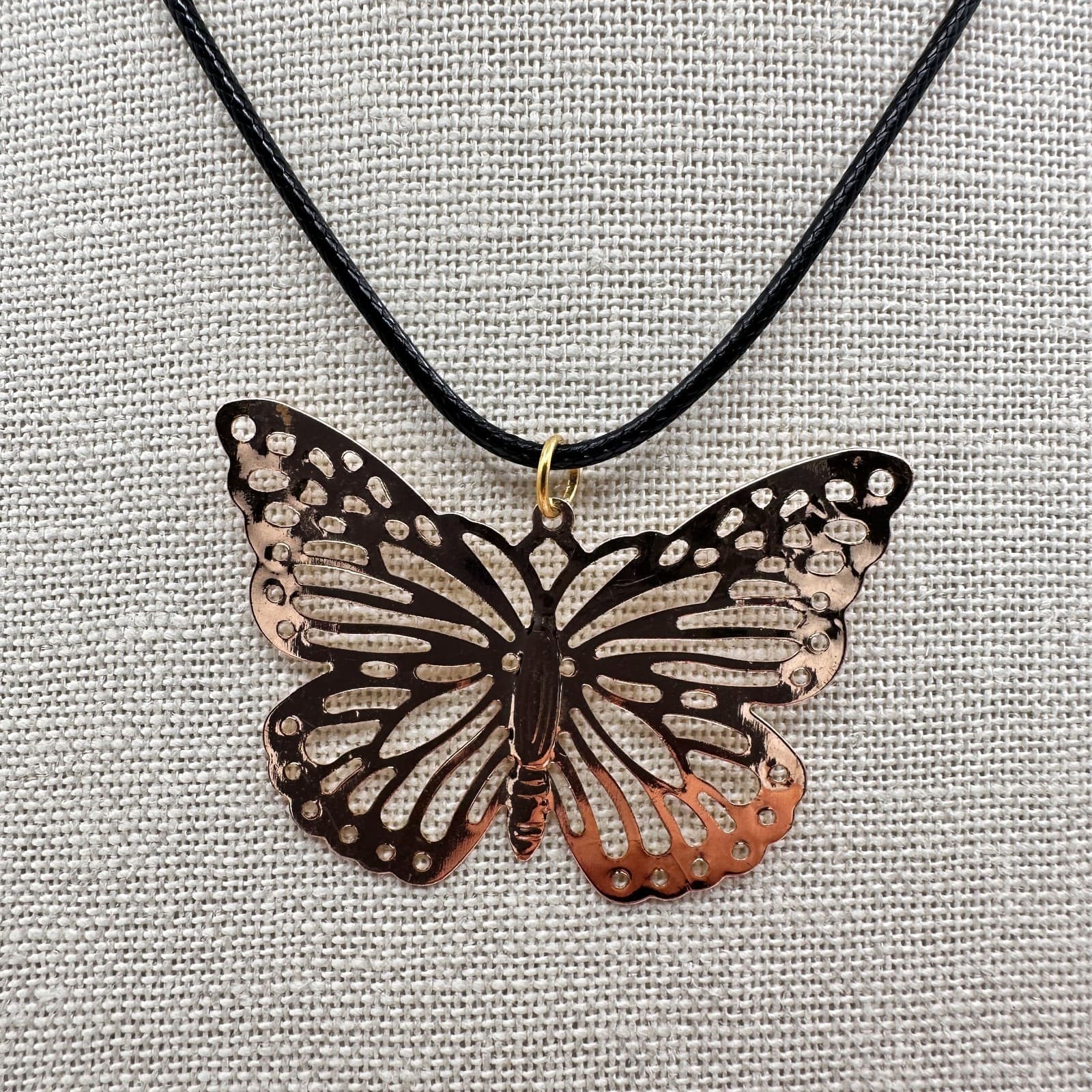 Vintage 90s Gold Tone Butterfly Pendant Necklace Black Cord Boho Fashion Jewelry - Thumbnail 3