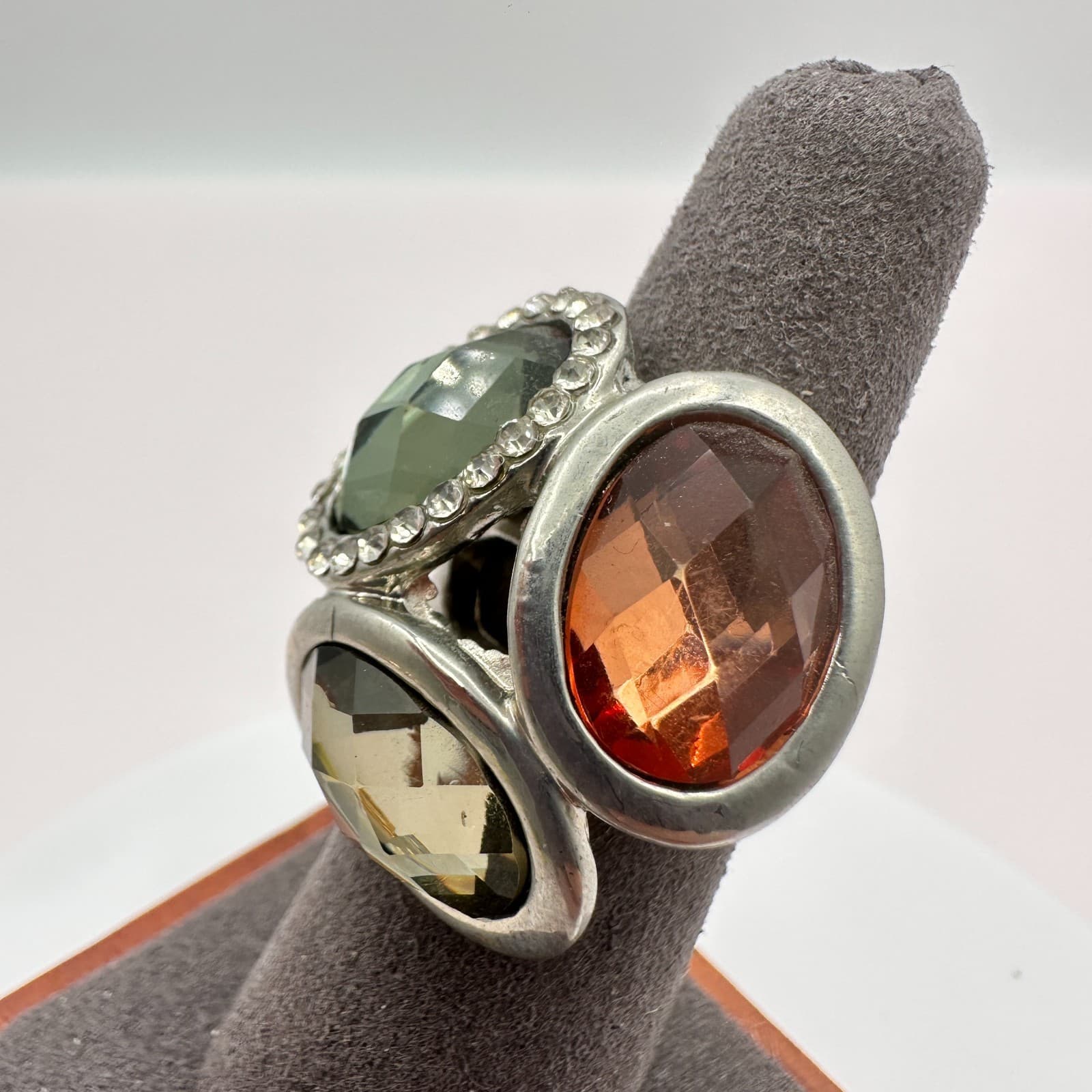 Vintage 90s Rhinestone Silver Tone Statement Ring Boho Women's Classic Jewelry - Thumbnail 3