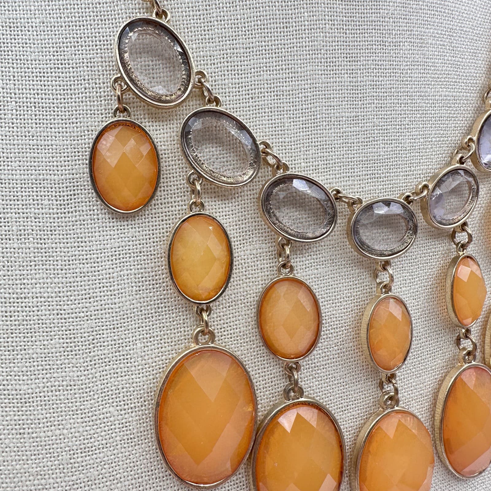 Vintage 90s Gold Tone Orange Clear Glass Bib Statement Necklace Boho Jewelry - Thumbnail 5