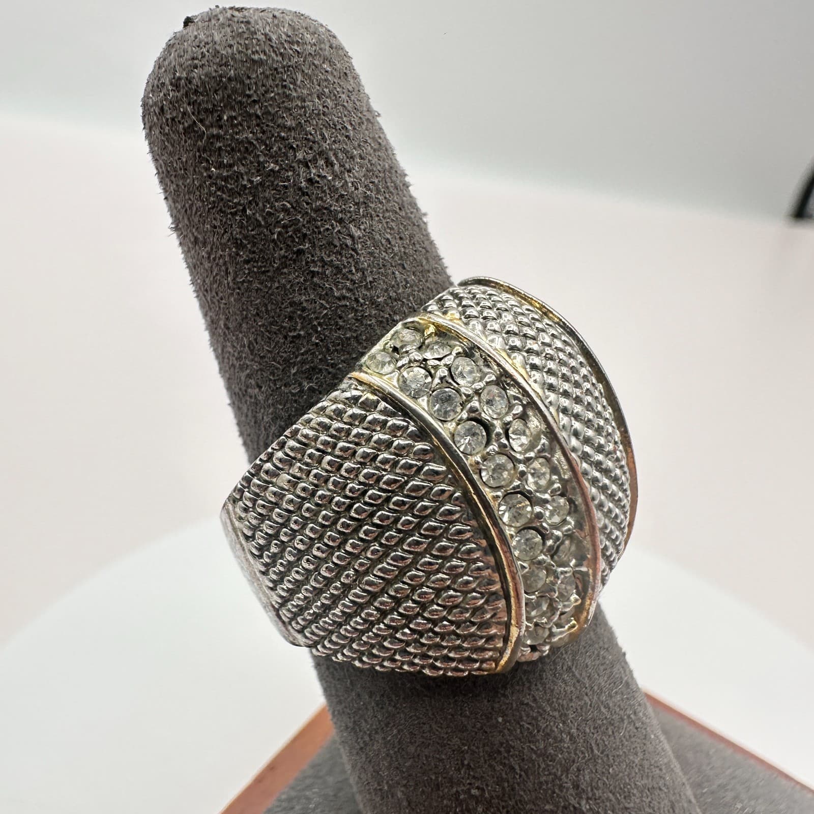 Vintage Y2K Silver Tone Textured Dome Ring Rhinestone Statement Chunky Jewelry - Thumbnail 2