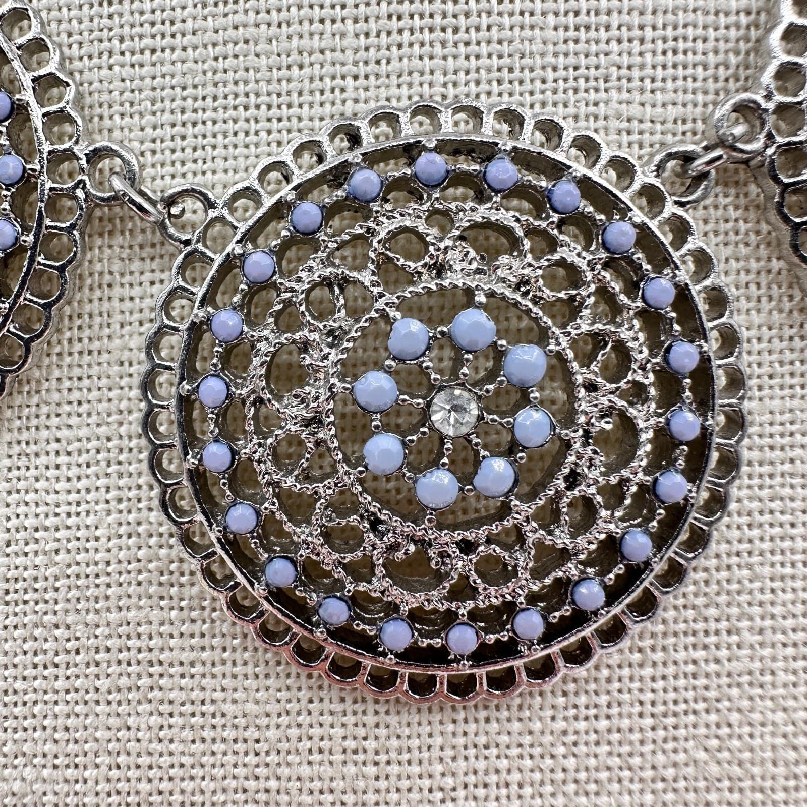Vintage 90s Blue Beaded Silver Tone Mandala Medallion Necklace Women's Jewelry - Thumbnail 7