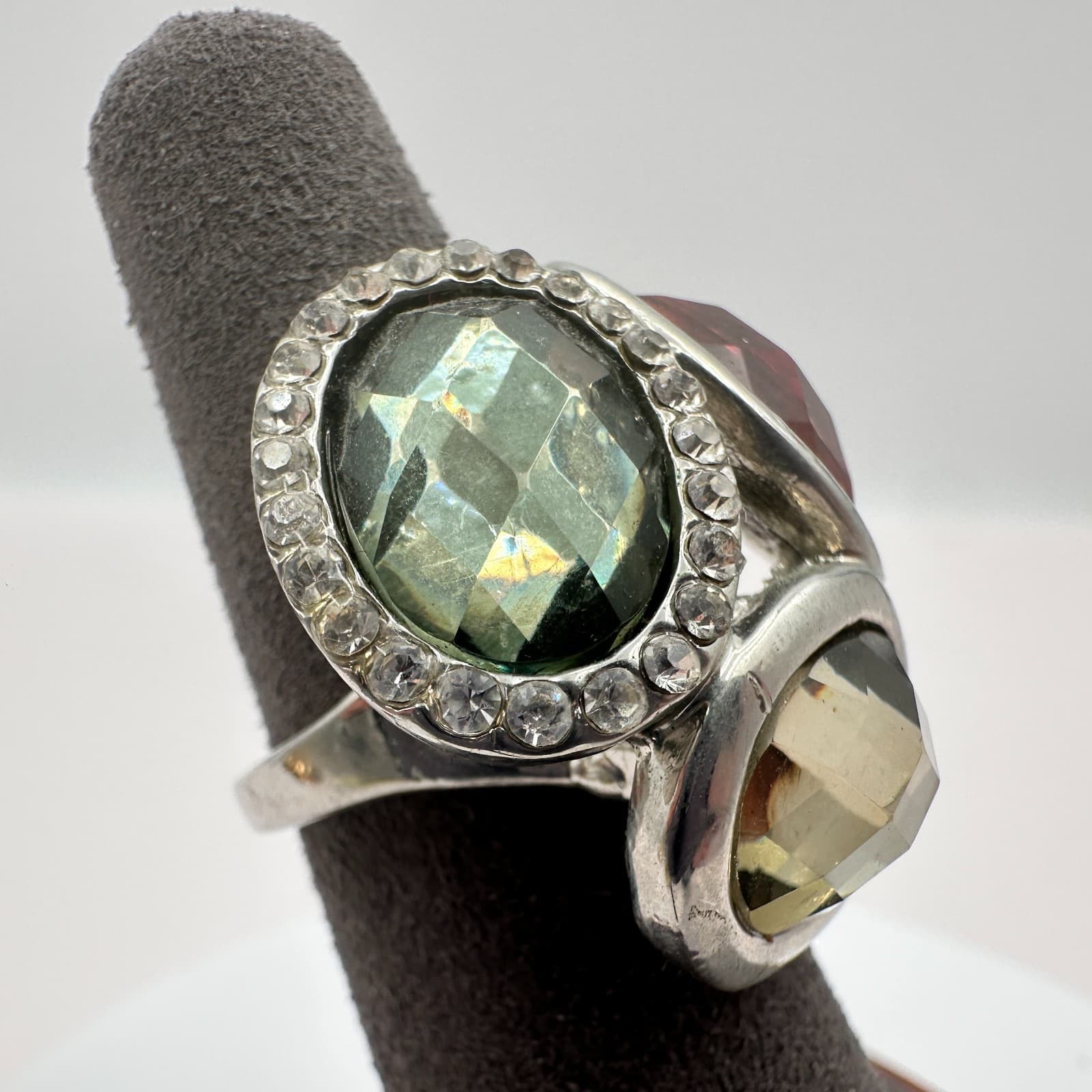 Vintage 90s Rhinestone Silver Tone Statement Ring Boho Women's Classic Jewelry - Thumbnail 6