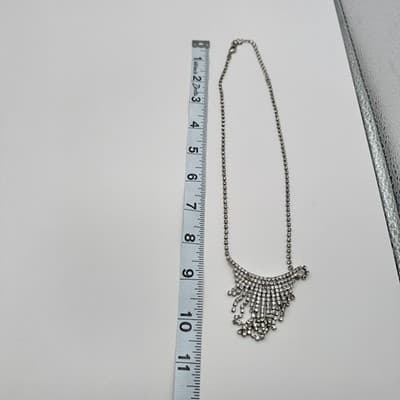 Vintage 90s Silver Tone Clear Glass Rhinestone Fringe Bib Statement Necklace - Thumbnail 8
