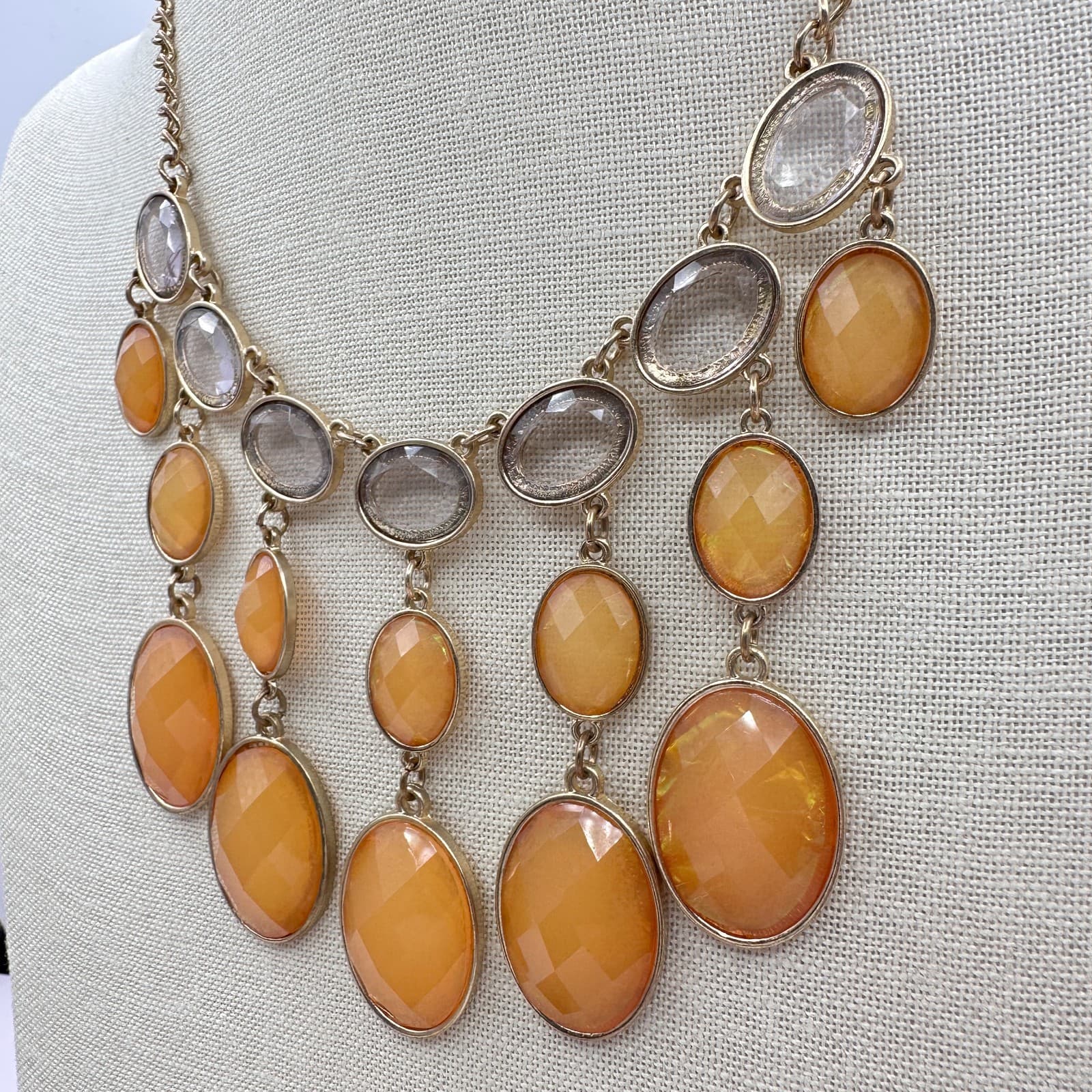 Vintage 90s Gold Tone Orange Clear Glass Bib Statement Necklace Boho Jewelry - Thumbnail 6