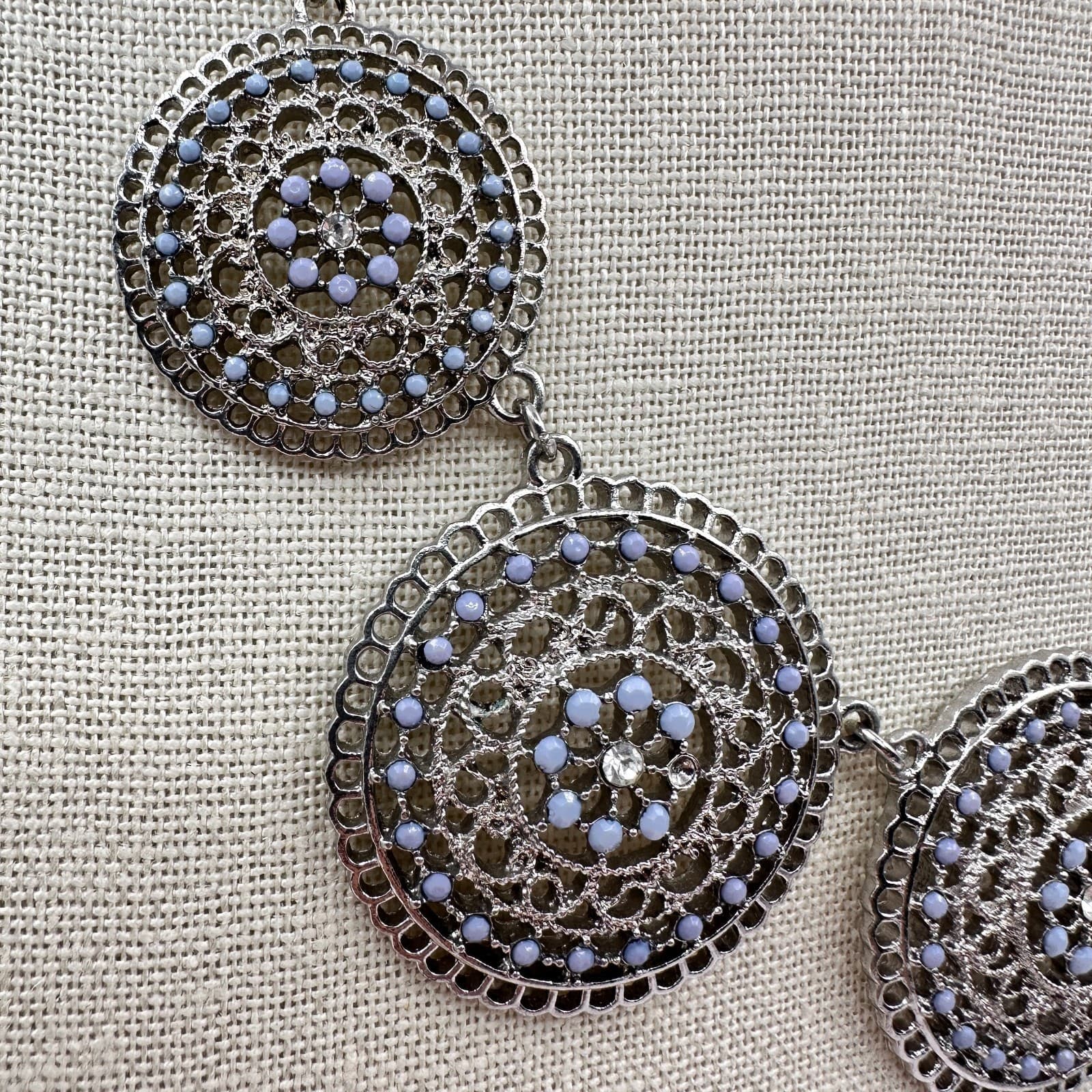 Vintage 90s Blue Beaded Silver Tone Mandala Medallion Necklace Women's Jewelry - Thumbnail 5
