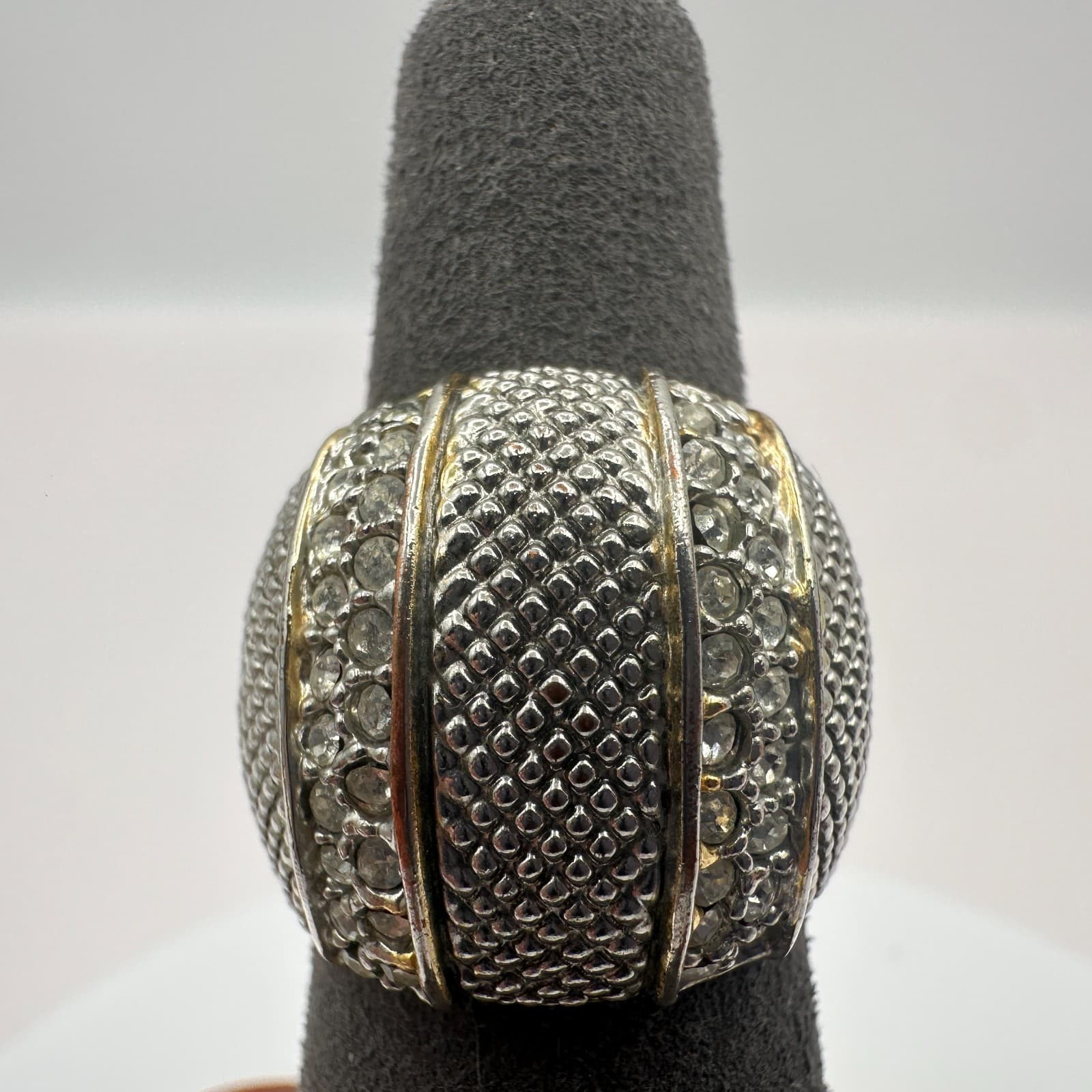 Vintage Y2K Silver Tone Textured Dome Ring Rhinestone Statement Chunky Jewelry - Thumbnail 5
