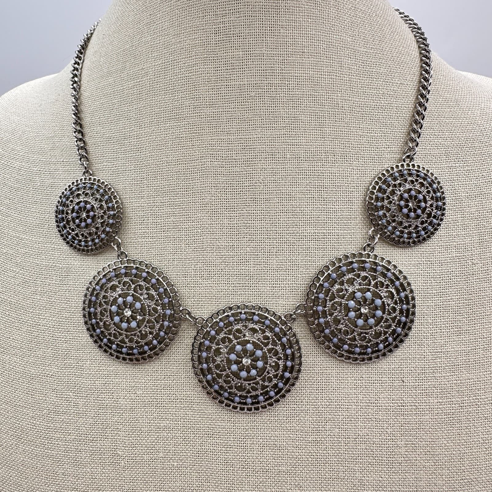 Vintage 90s Blue Beaded Silver Tone Mandala Medallion Necklace Women's Jewelry - Thumbnail 9