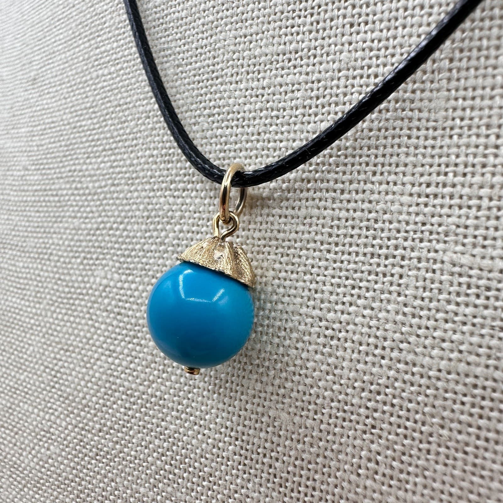 Vintage Y2K Gold Tone Blue Ball Pendant Necklace Black Cord Boho Fashion Jewelry - Thumbnail 6