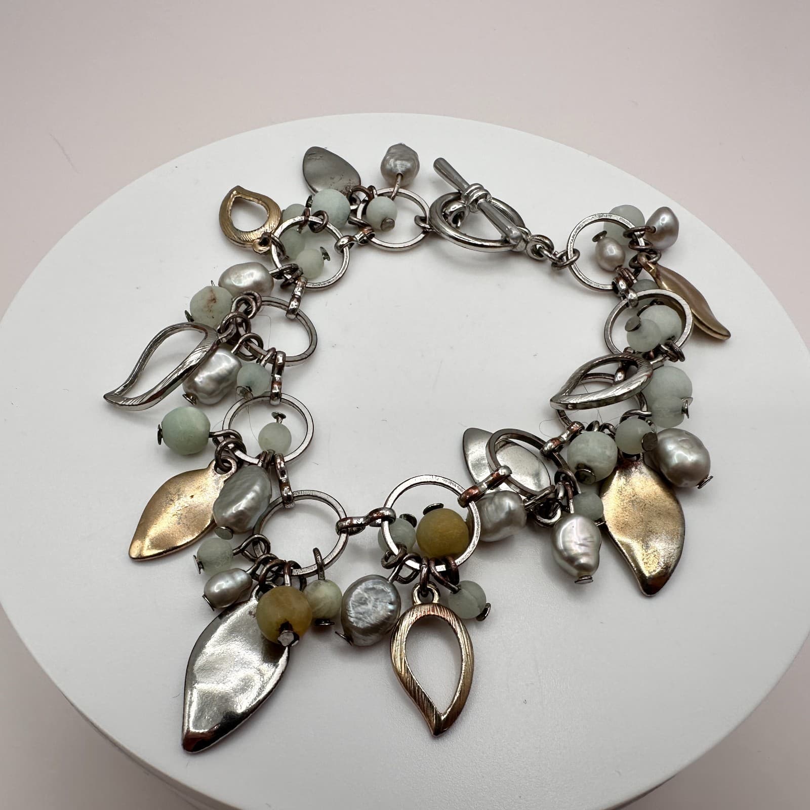 Vintage 90s Silver Tone Pearl Amazonite Charm Bracelet Classic Fashion Jewelry - Thumbnail 2