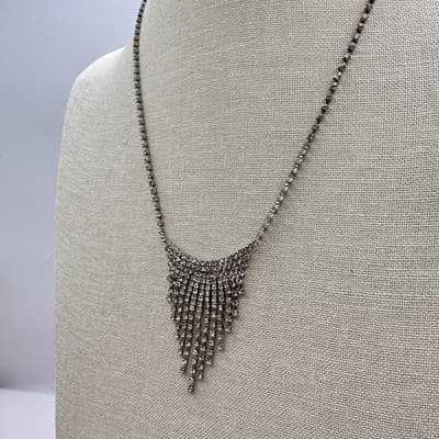 Vintage 90s Silver Tone Clear Glass Rhinestone Fringe Bib Statement Necklace - Thumbnail 6