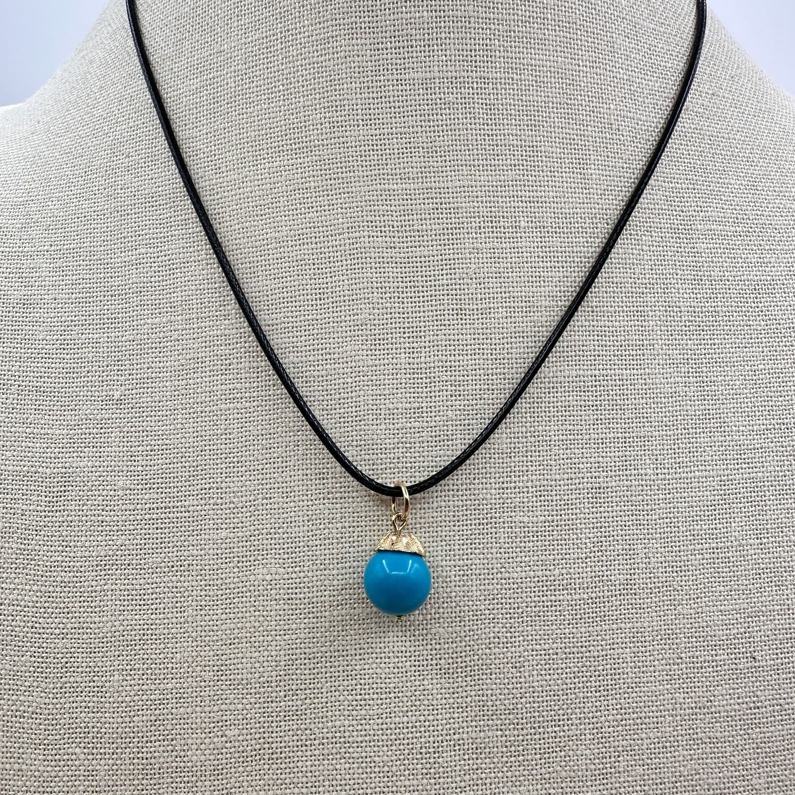 Vintage Y2K Gold Tone Blue Ball Pendant Necklace Black Cord Boho Fashion Jewelry