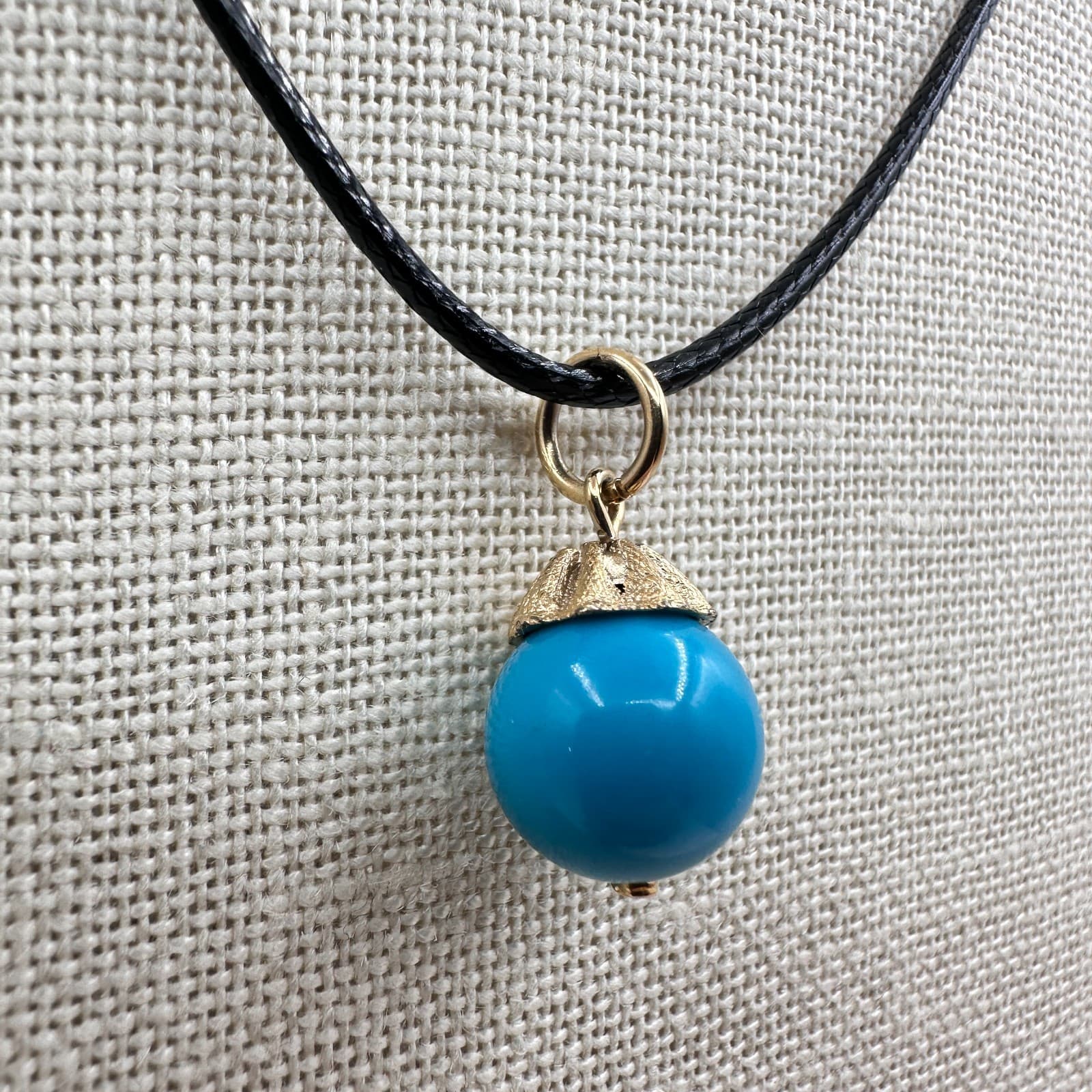 Vintage Y2K Gold Tone Blue Ball Pendant Necklace Black Cord Boho Fashion Jewelry - Thumbnail 4