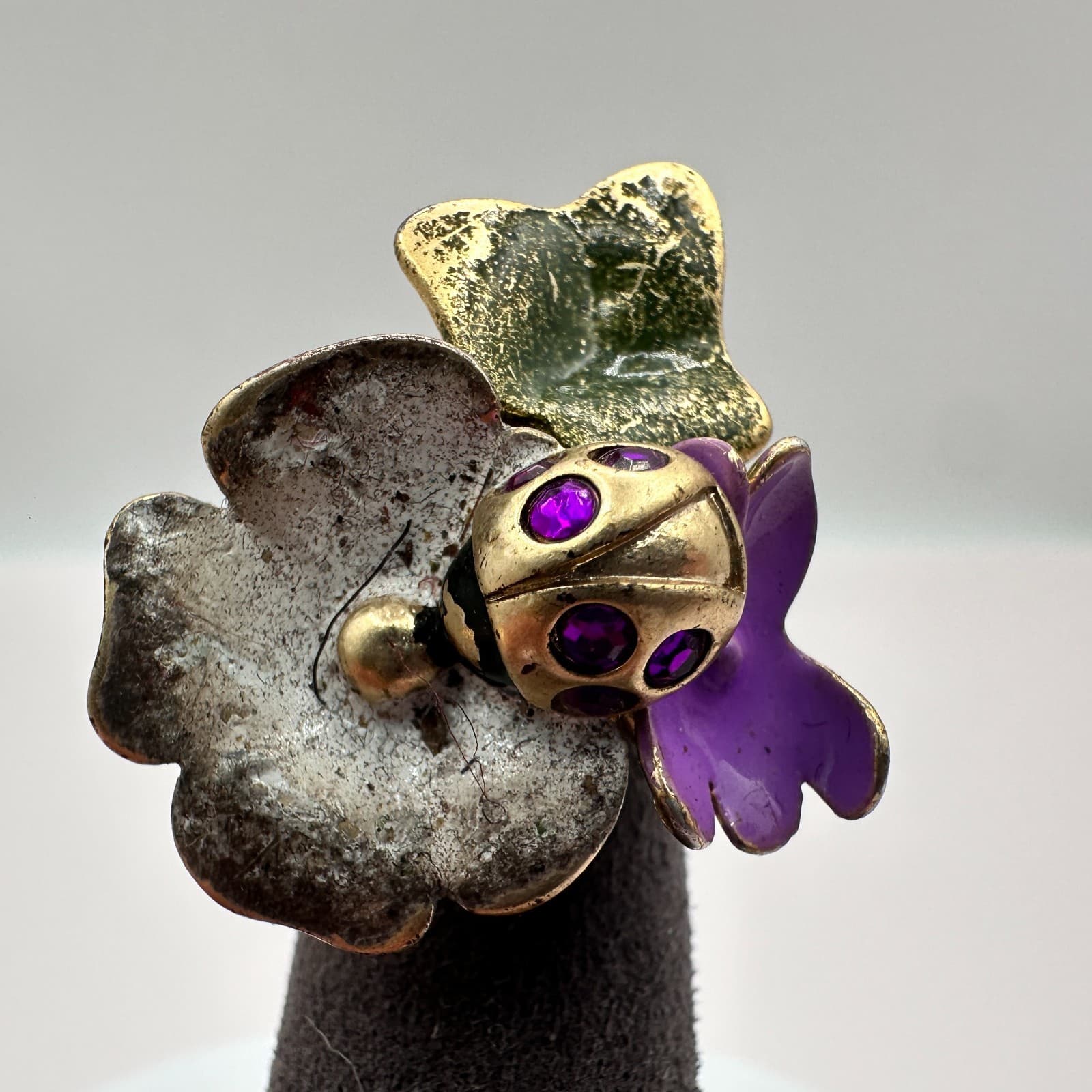 Vintage 80s Flower Ladybug Ring Gold Tone Purple Rhinestones Costume Jewelry - Thumbnail 5