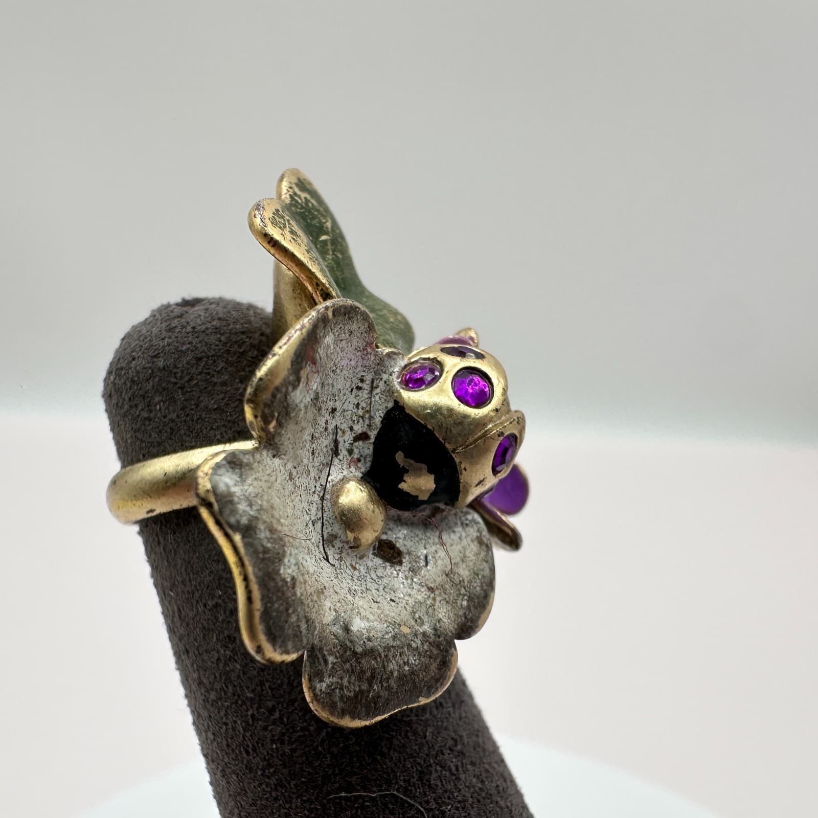 Vintage 80s Flower Ladybug Ring Gold Tone Purple Rhinestones Costume Jewelry - Thumbnail 6