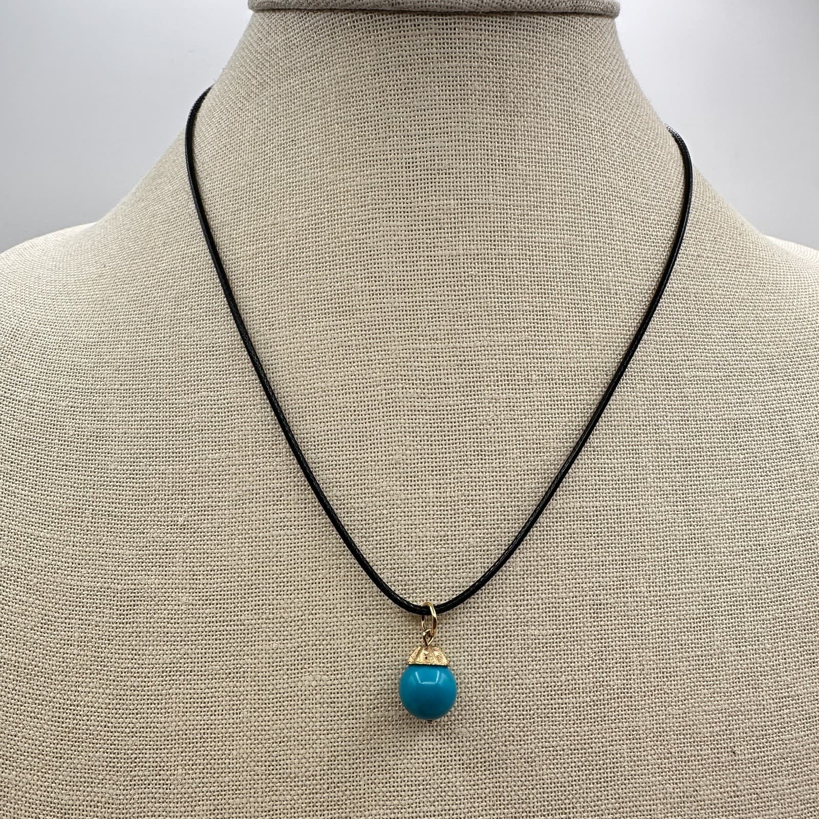 Vintage Y2K Gold Tone Blue Ball Pendant Necklace Black Cord Boho Fashion Jewelry - Thumbnail 7