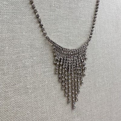 Vintage 90s Silver Tone Clear Glass Rhinestone Fringe Bib Statement Necklace - Thumbnail 4