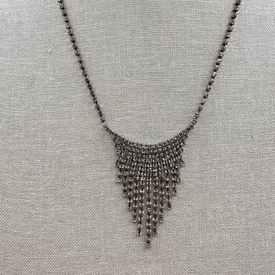 Vintage 90s Silver Tone Clear Glass Rhinestone Fringe Bib Statement Necklace - Thumbnail 3