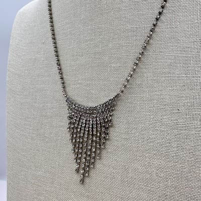 Vintage 90s Silver Tone Clear Glass Rhinestone Fringe Bib Statement Necklace - Thumbnail 5