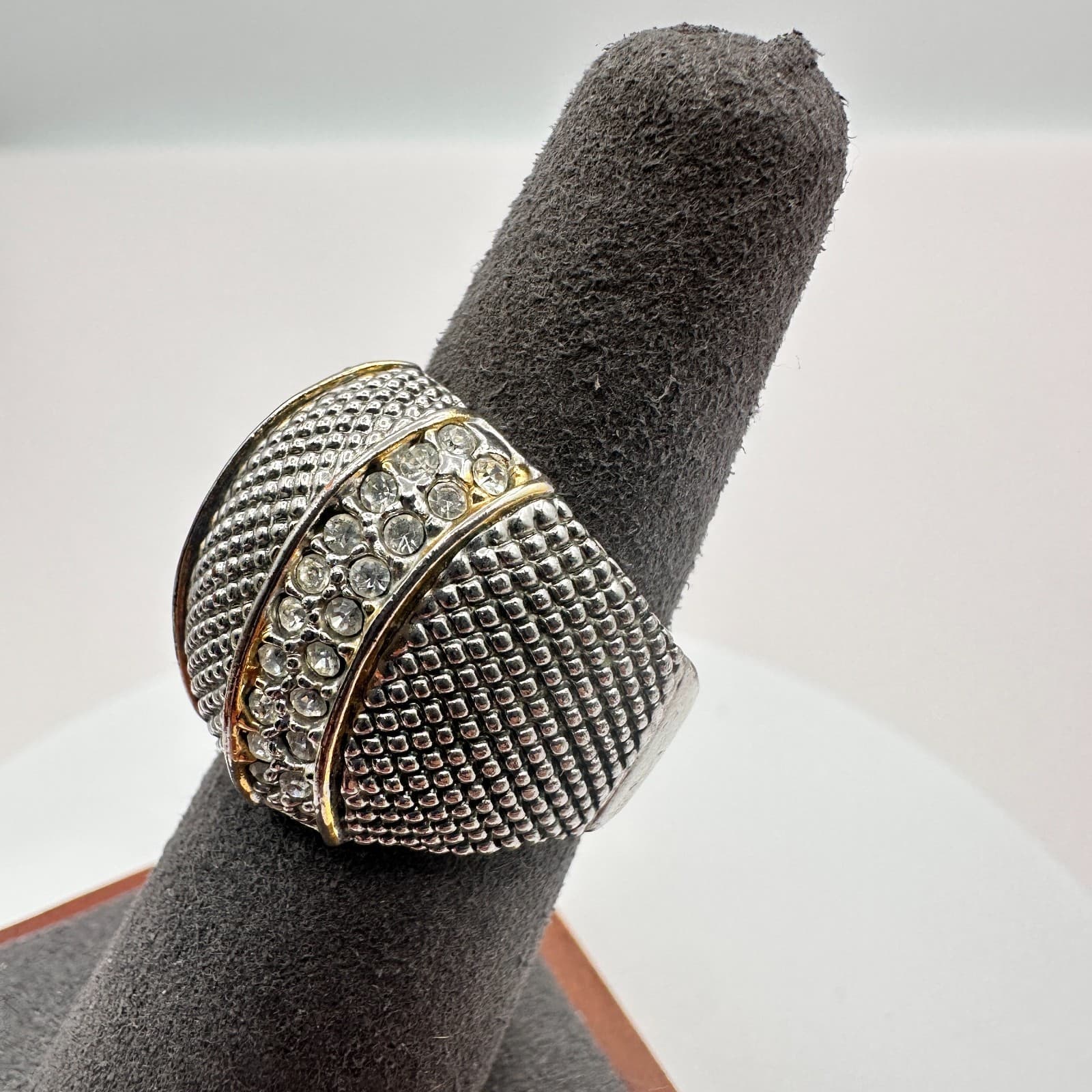 Vintage Y2K Silver Tone Textured Dome Ring Rhinestone Statement Chunky Jewelry - Thumbnail 4