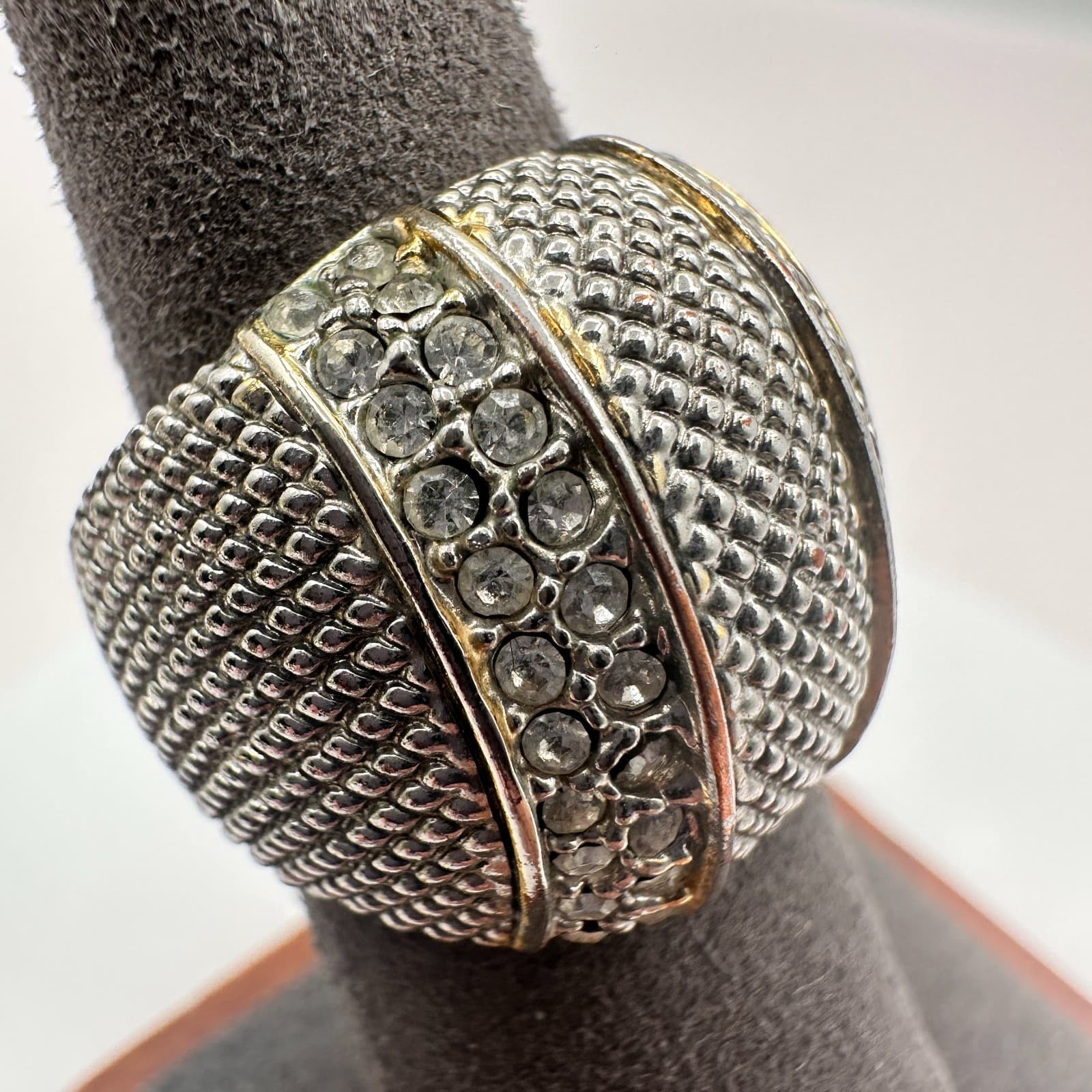 Vintage Y2K Silver Tone Textured Dome Ring Rhinestone Statement Chunky Jewelry - Thumbnail 3
