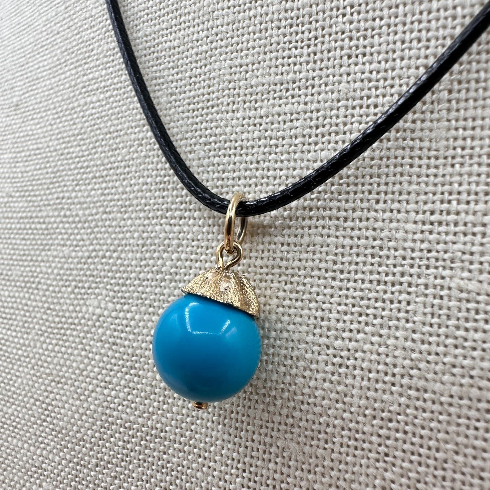 Vintage Y2K Gold Tone Blue Ball Pendant Necklace Black Cord Boho Fashion Jewelry - Thumbnail 5